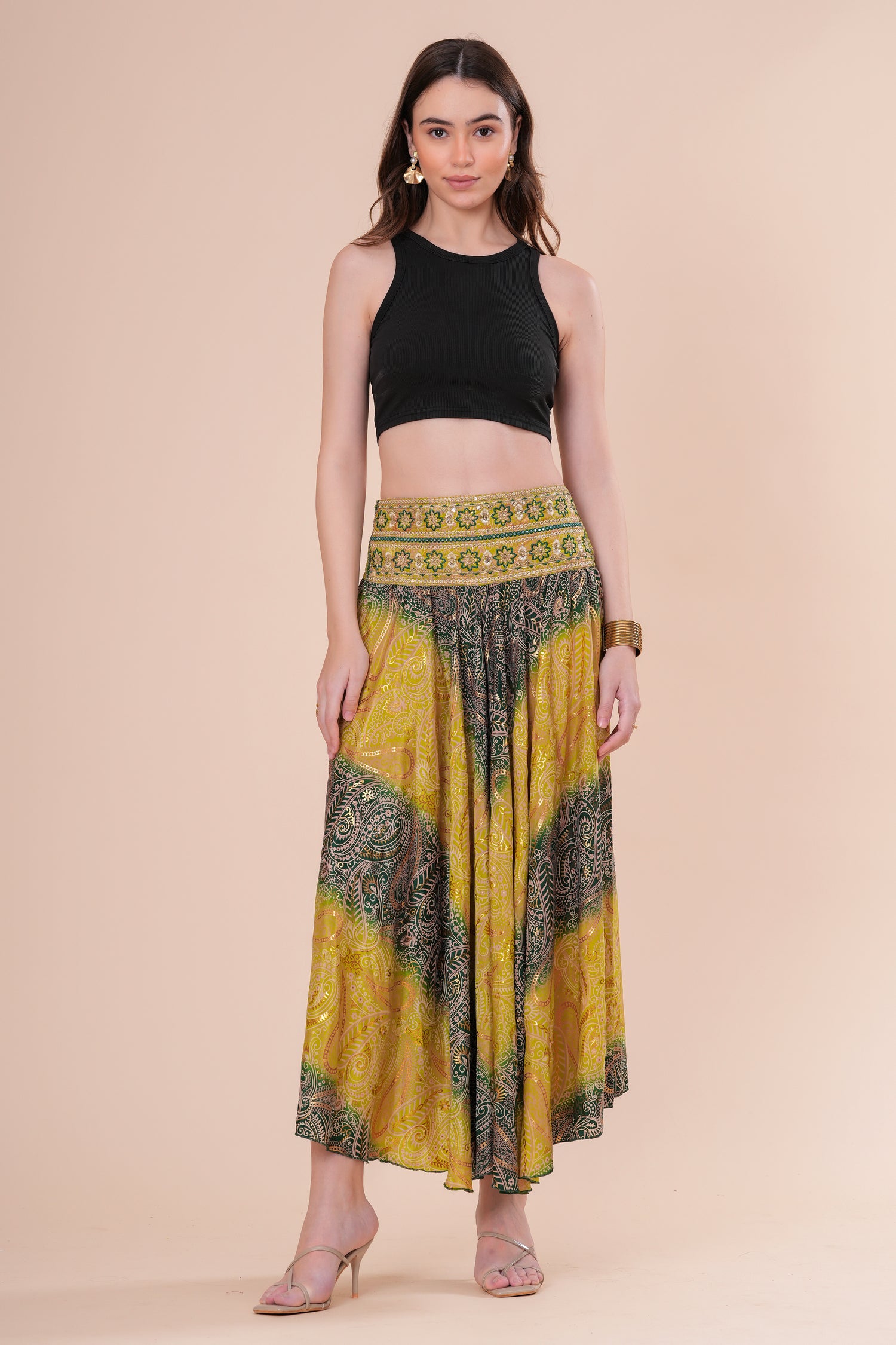 Falda Maxi Estampada con Cintura Bordada Bohemia