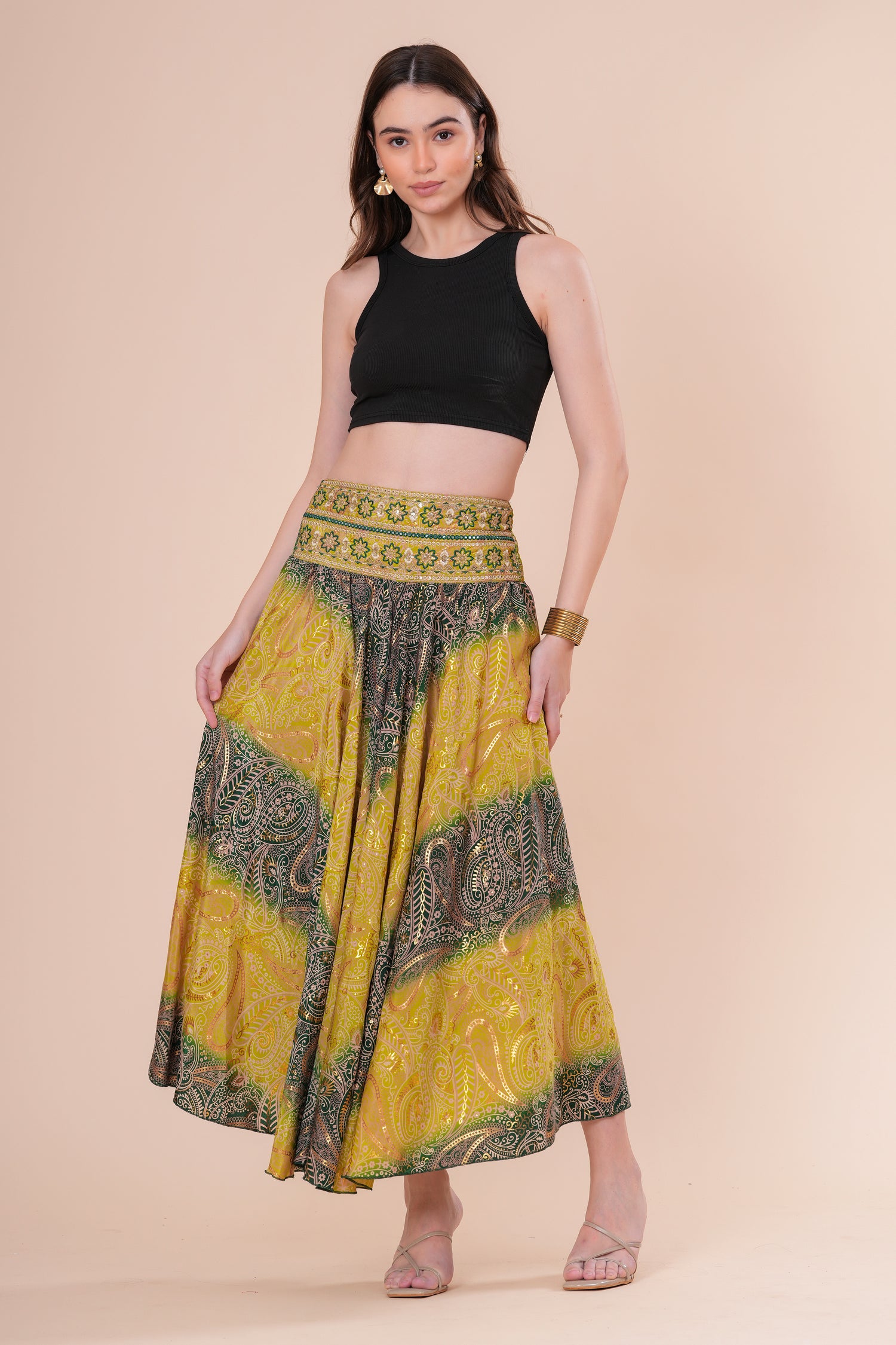 Falda Maxi Estampada con Cintura Bordada Bohemia