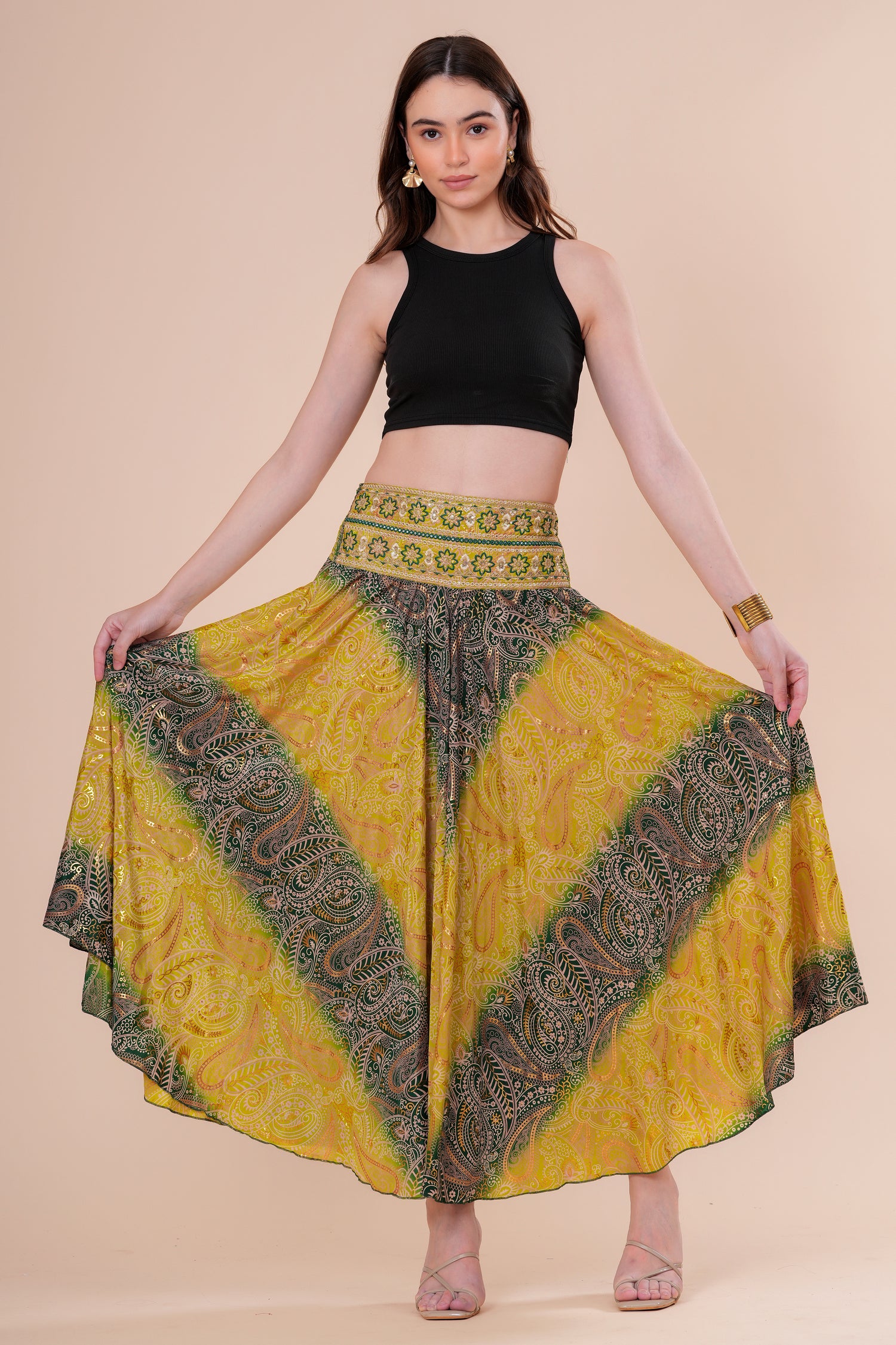 Falda Maxi Estampada con Cintura Bordada Bohemia