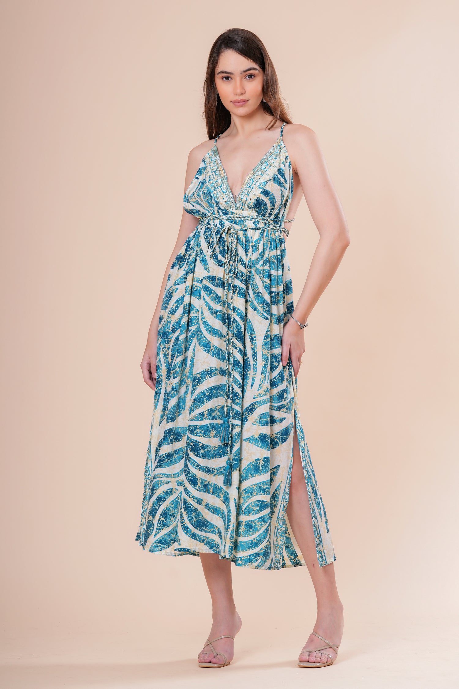 Vestido Midi de Tirantes con Escote V Profundo Estampado Botánico