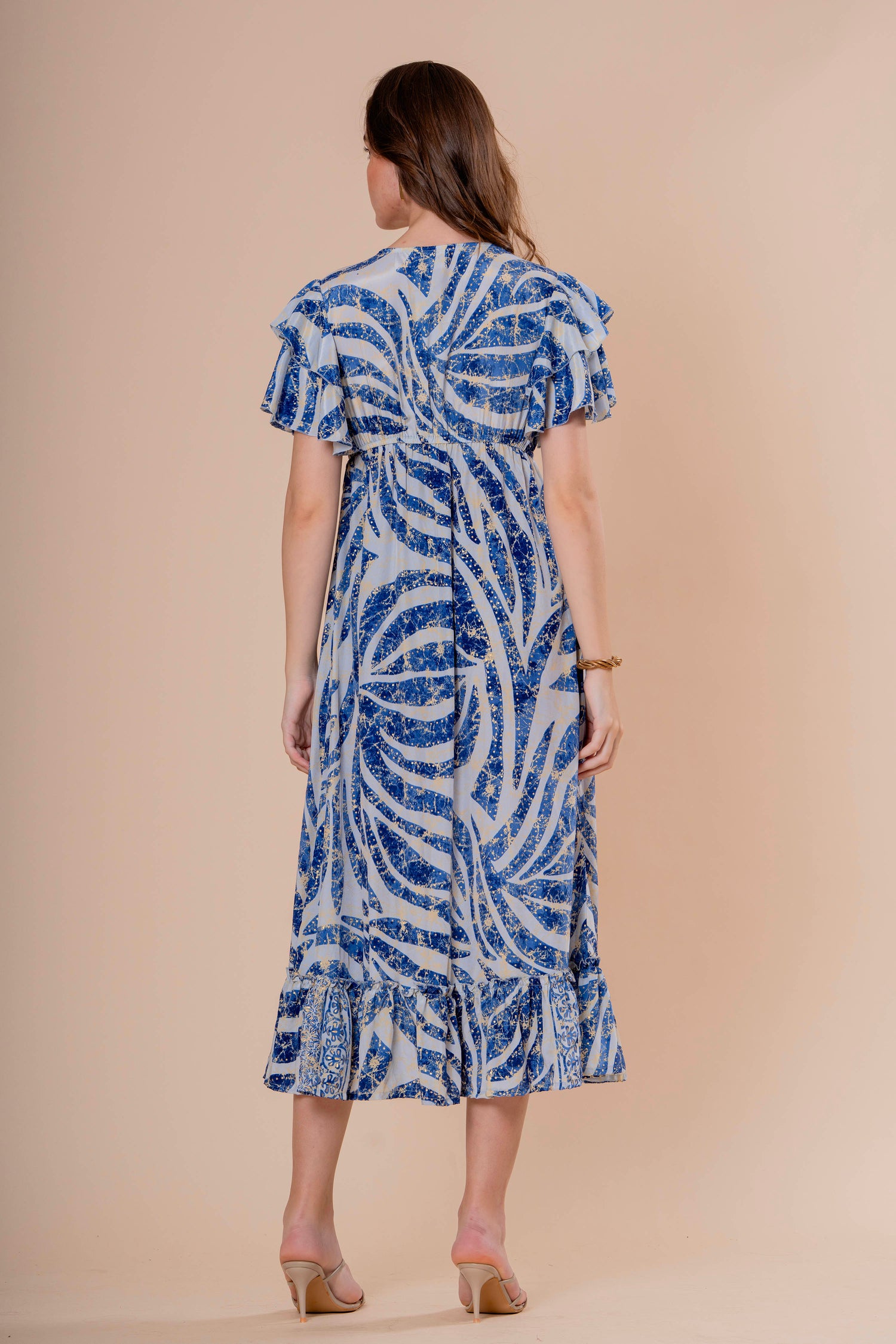 Vestido Midi con Manga Volante Estampado Botánico Azul