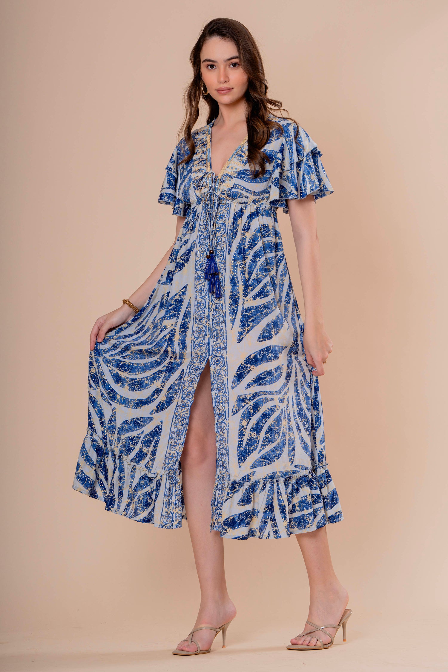 Vestido Midi con Manga Volante Estampado Botánico Azul