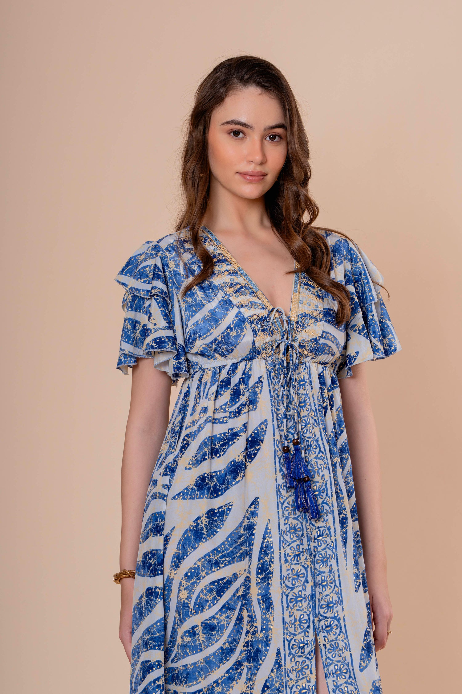 Vestido Midi con Manga Volante Estampado Botánico Azul