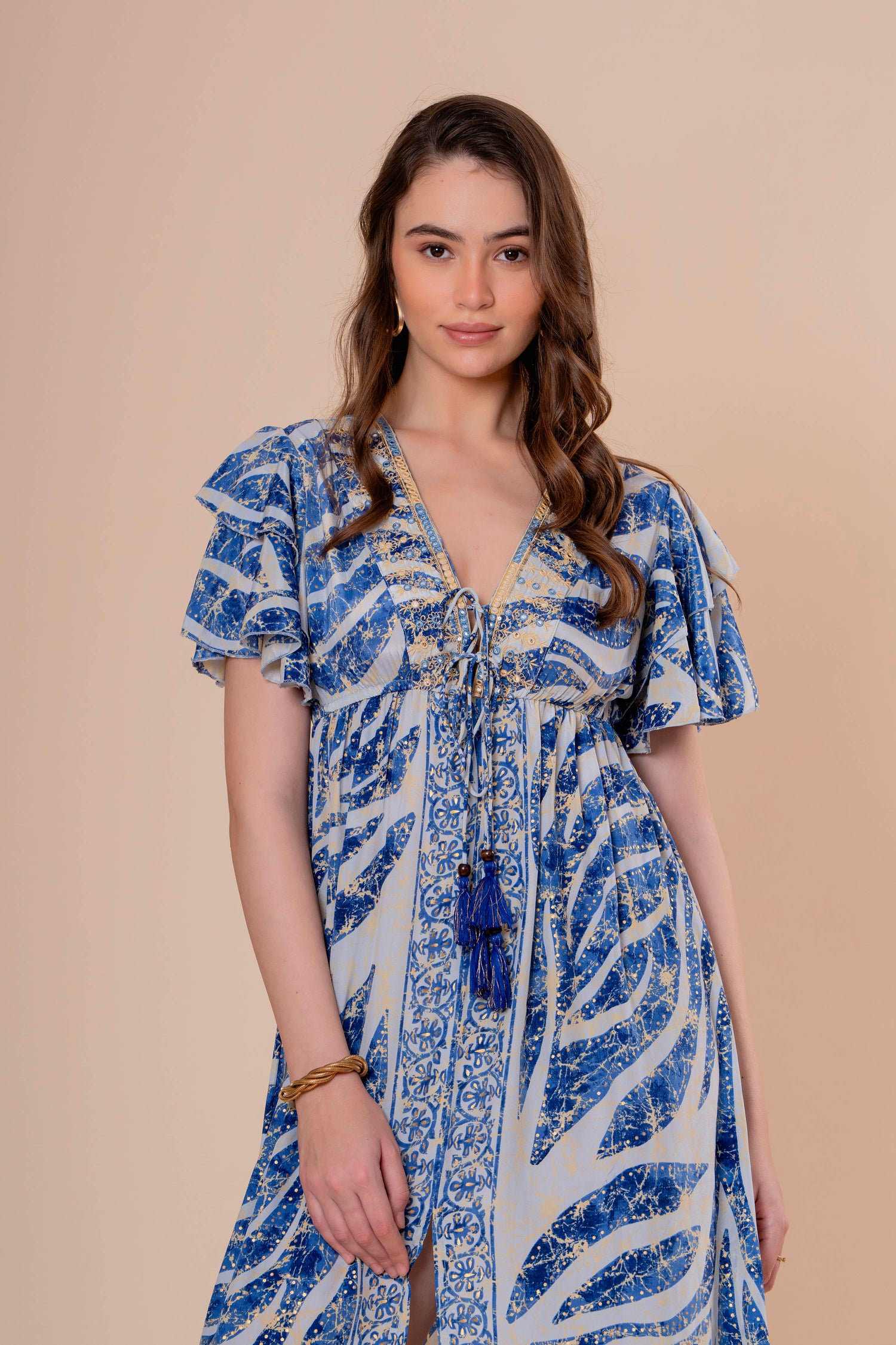 Vestido Midi con Manga Volante Estampado Botánico Azul