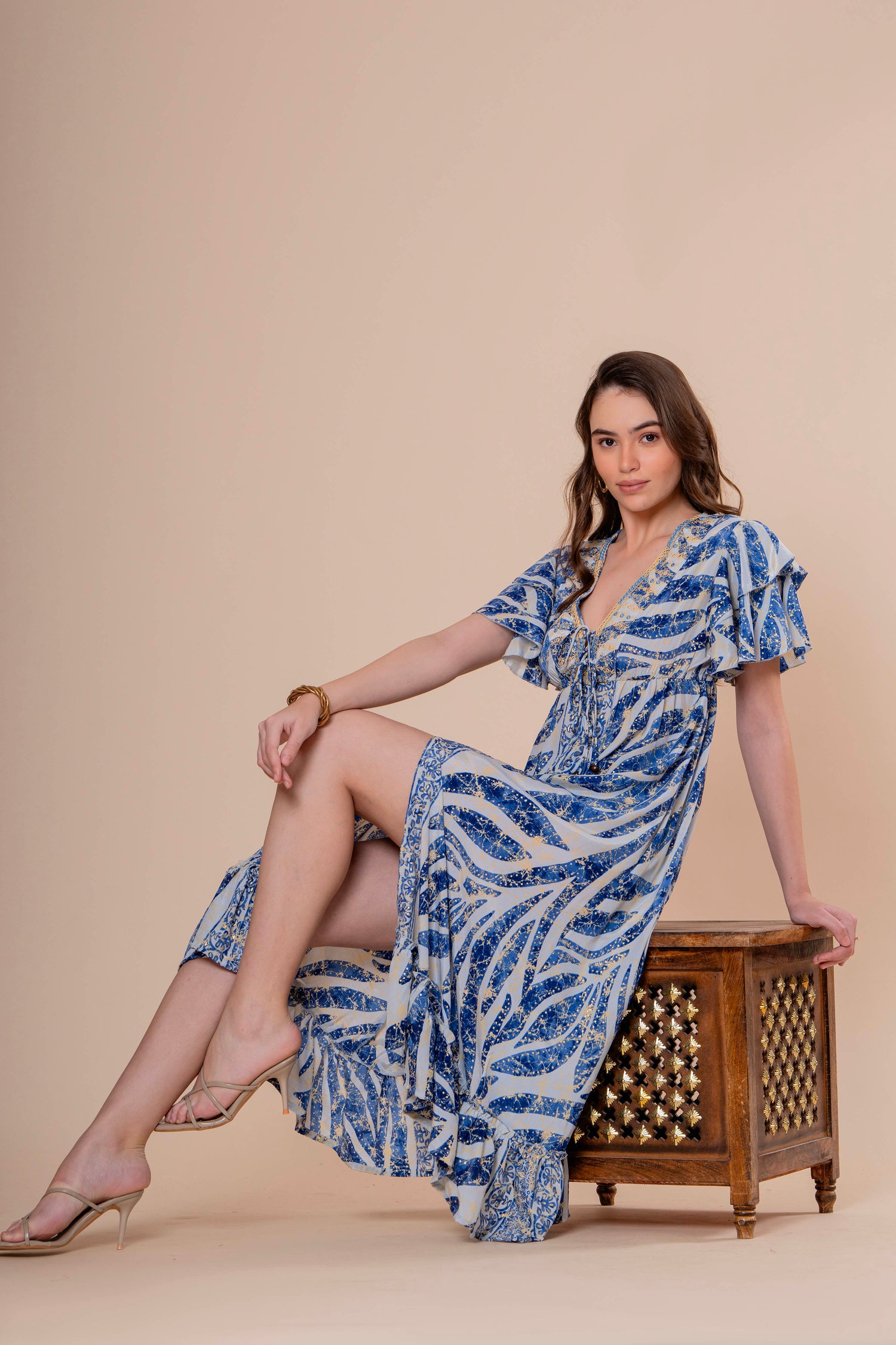 Vestido Midi con Manga Volante Estampado Botánico Azul