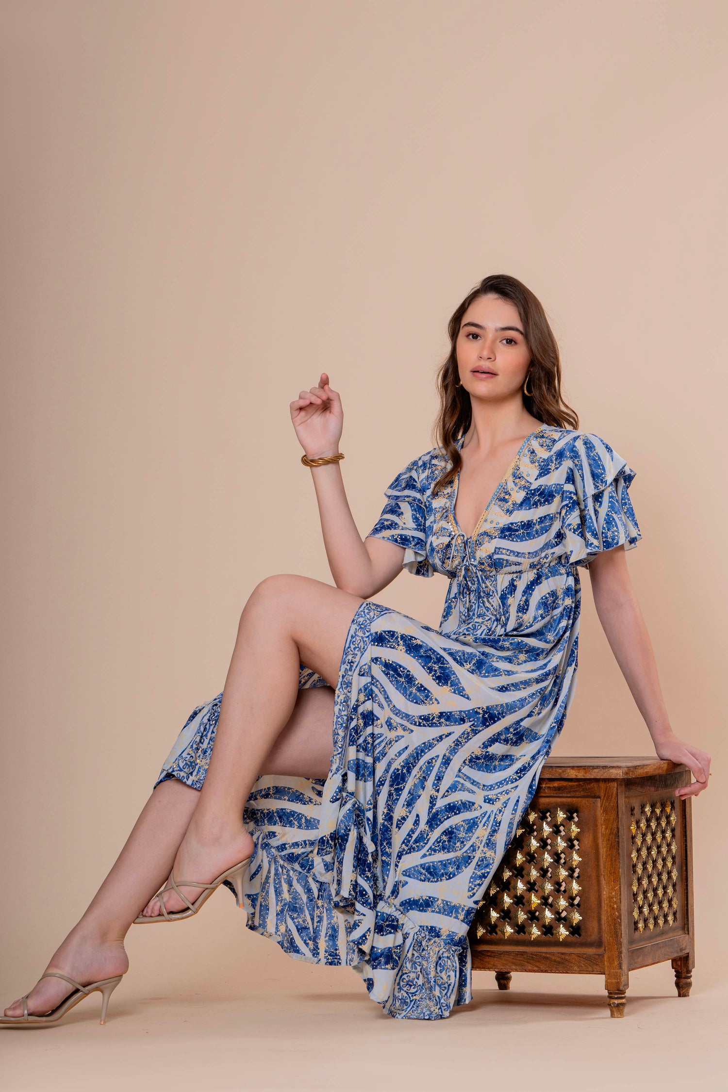 Vestido Midi con Manga Volante Estampado Botánico Azul