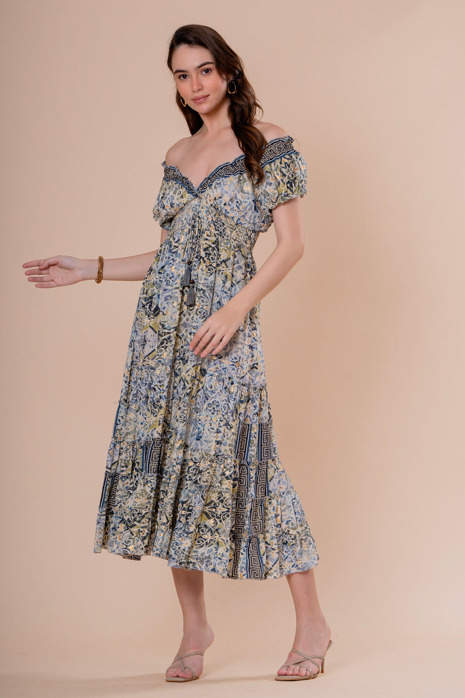 Vestido Midi Hombros Descubiertos Estampado Azulejo