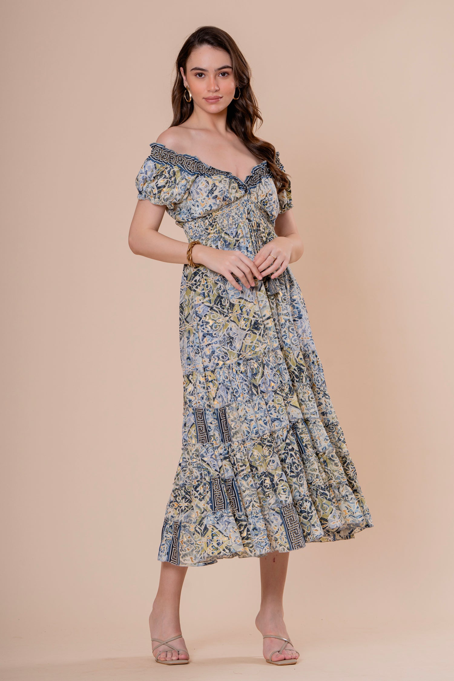 Vestido Midi Hombros Descubiertos Estampado Azulejo