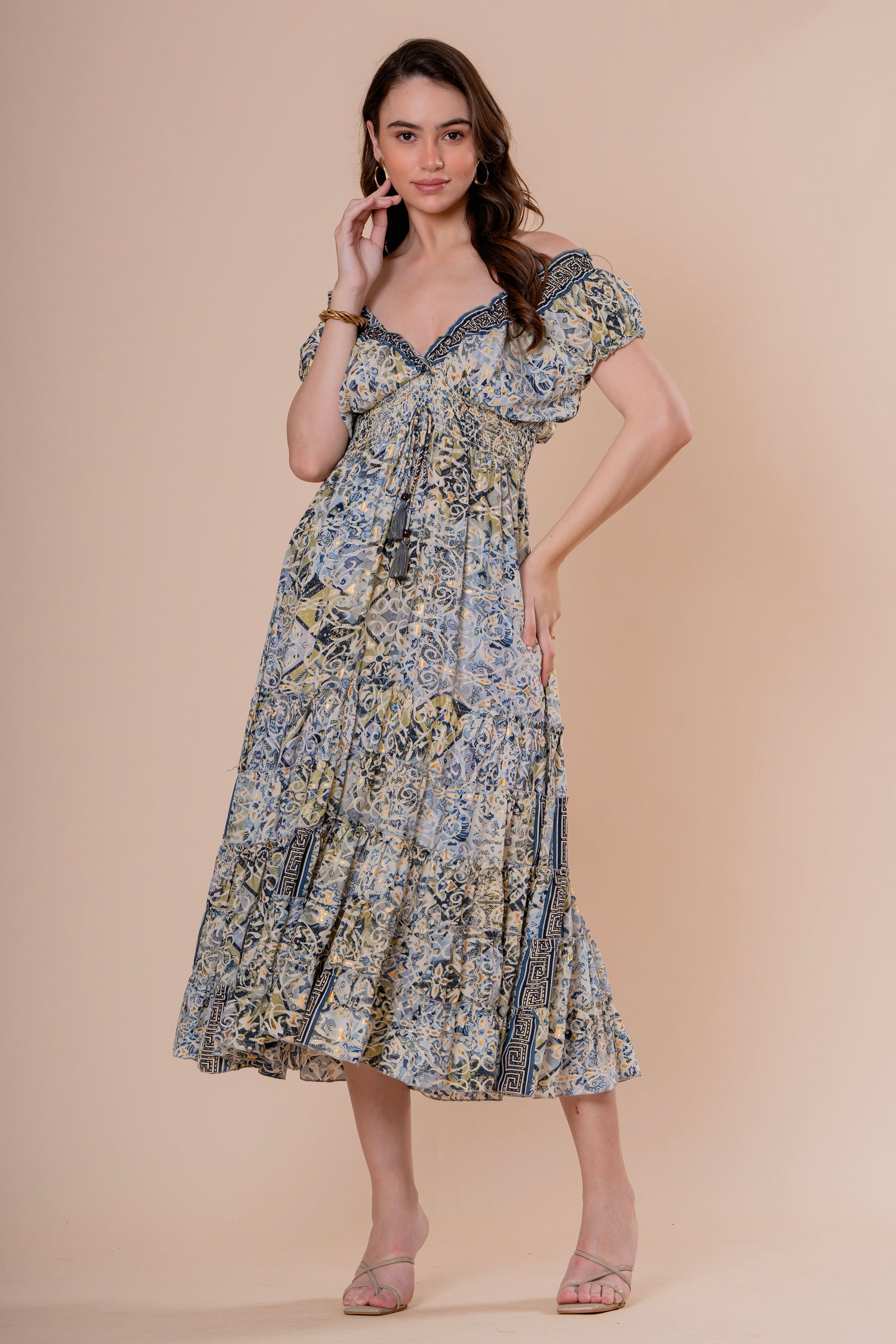 Vestido Midi Hombros Descubiertos Estampado Azulejo