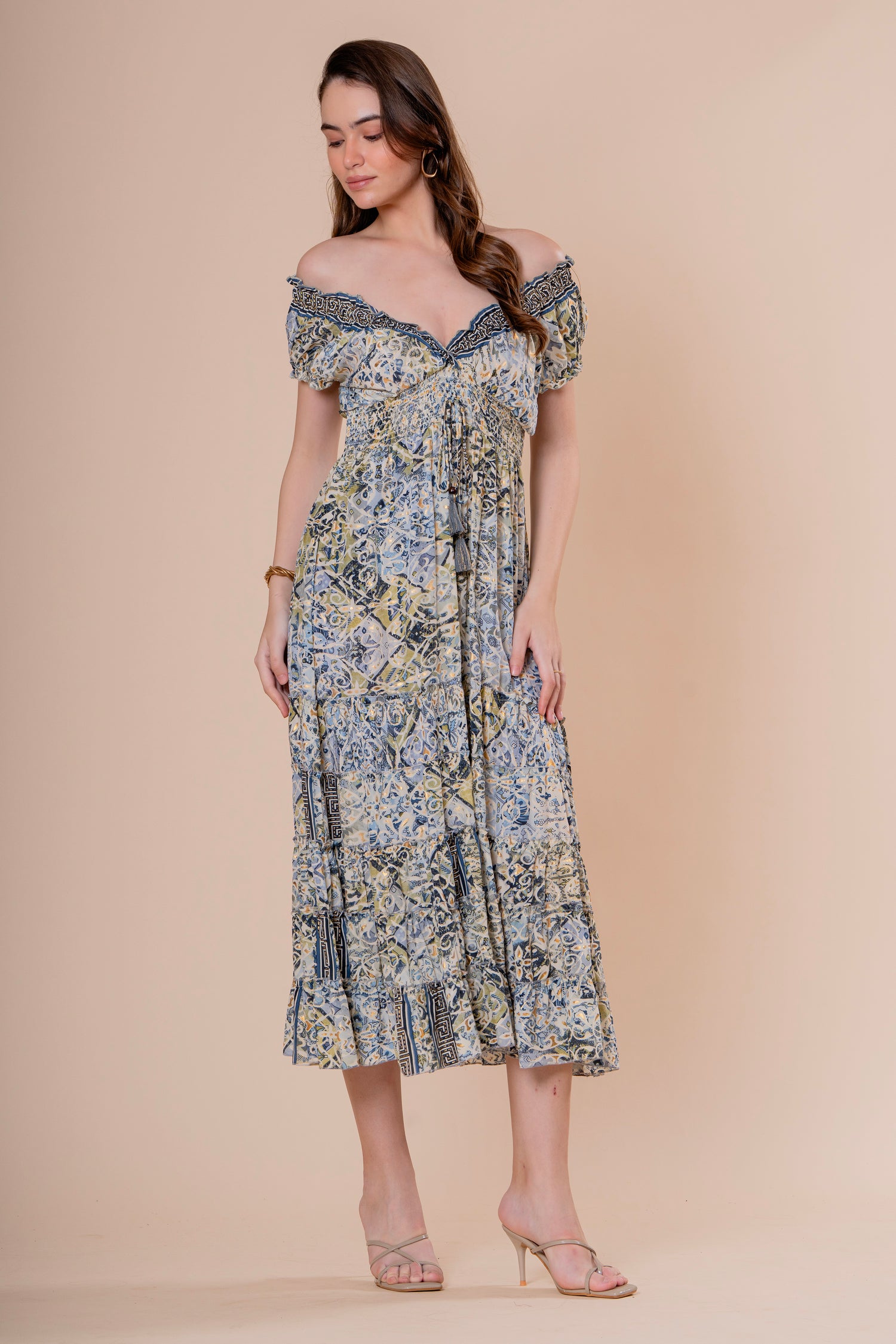 Vestido Midi Hombros Descubiertos Estampado Azulejo