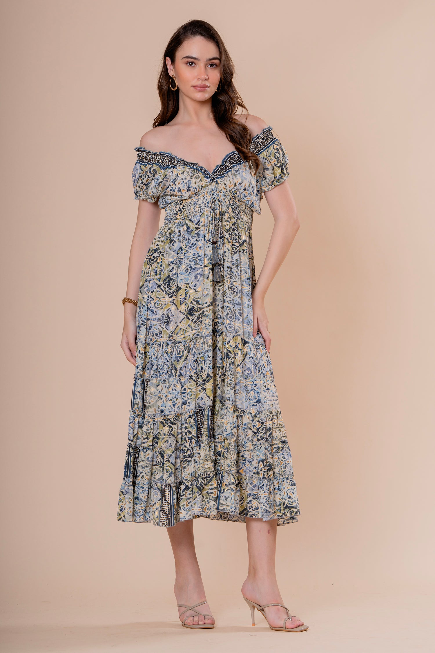 Vestido Midi Hombros Descubiertos Estampado Azulejo