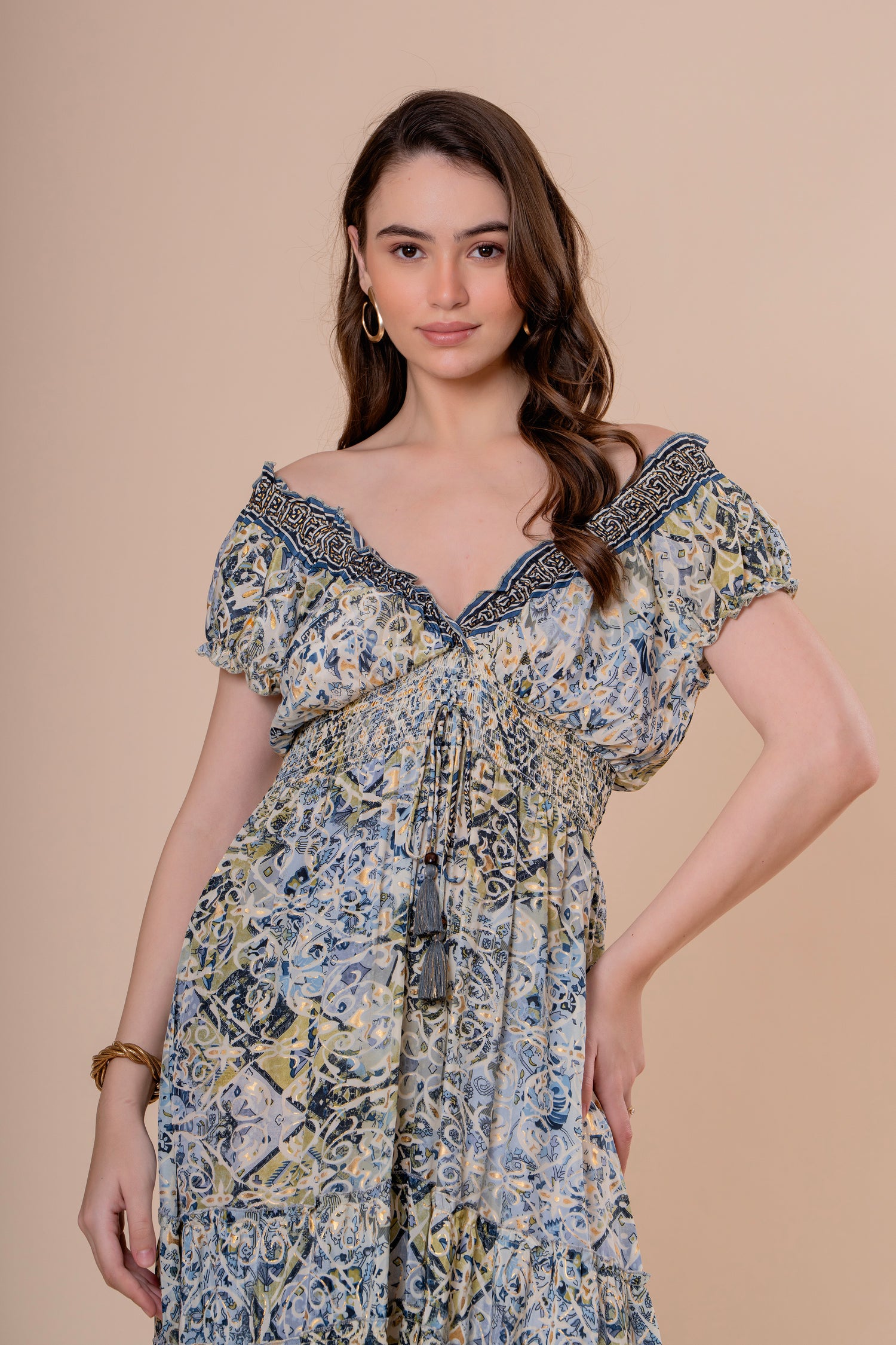 Vestido Midi Hombros Descubiertos Estampado Azulejo