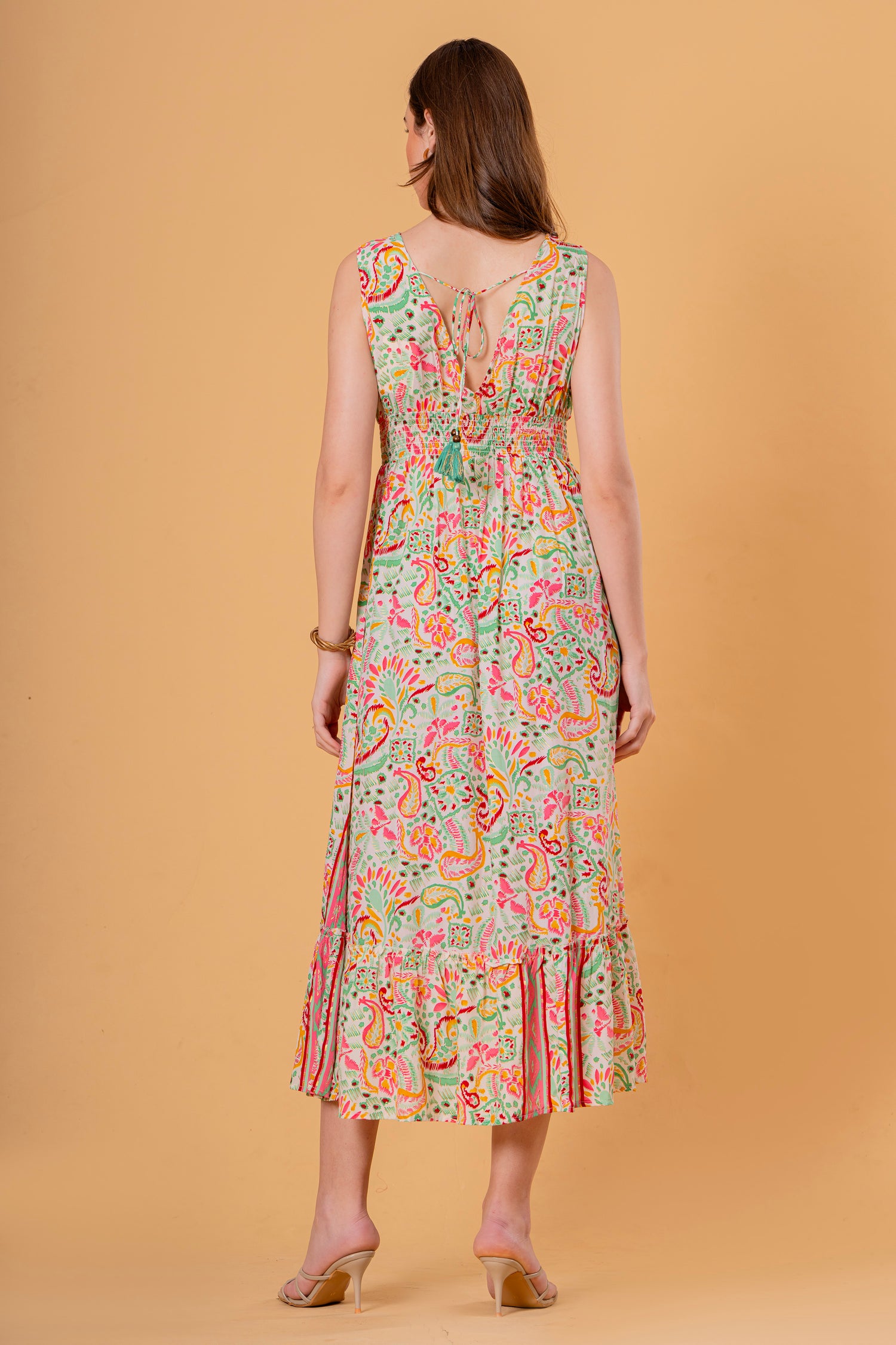 Vestido Midi Sin Mangas Estampado Cachemira con Borla