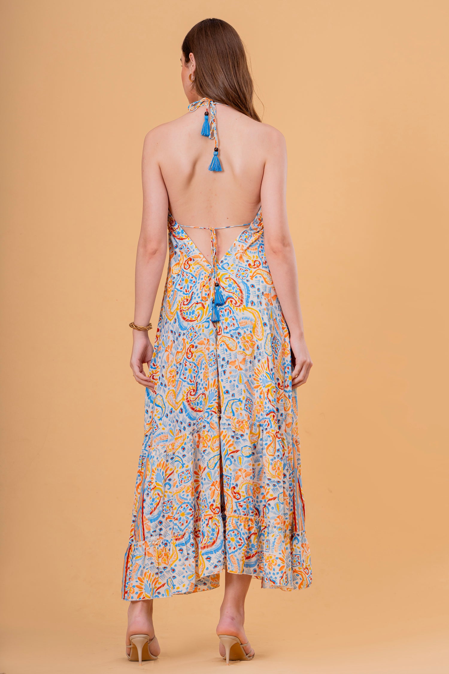 Vestido Maxi de Tirantes con Estampado Étnico y Volante