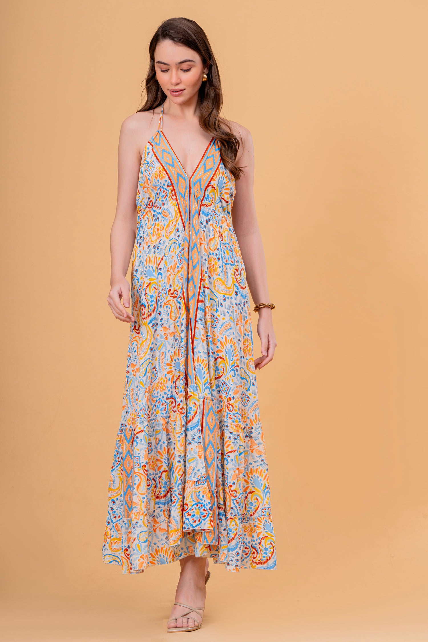 Vestido Maxi de Tirantes con Estampado Étnico y Volante