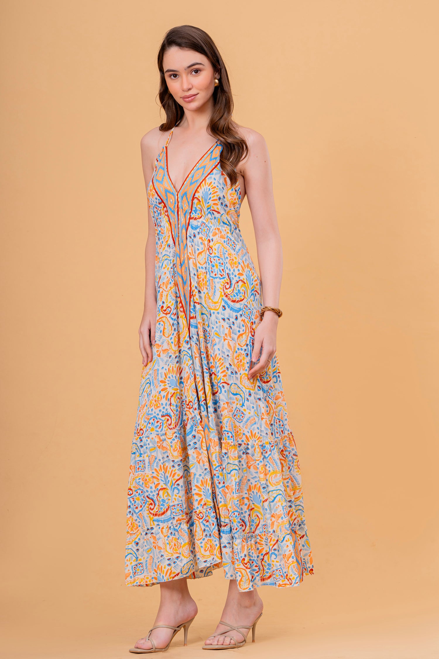 Vestido Maxi de Tirantes con Estampado Étnico y Volante