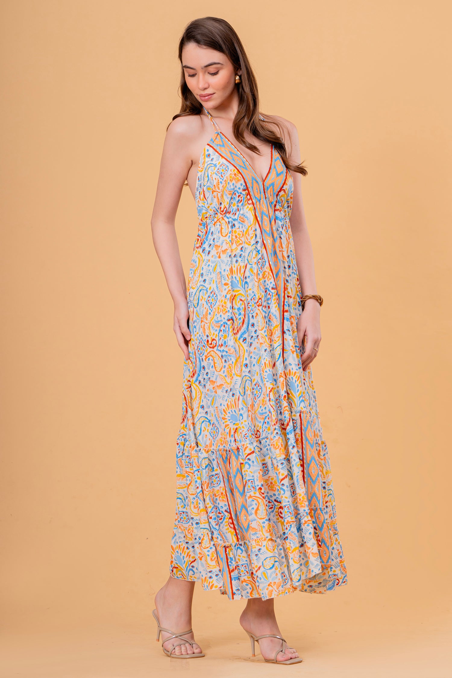 Vestido Maxi de Tirantes con Estampado Étnico y Volante