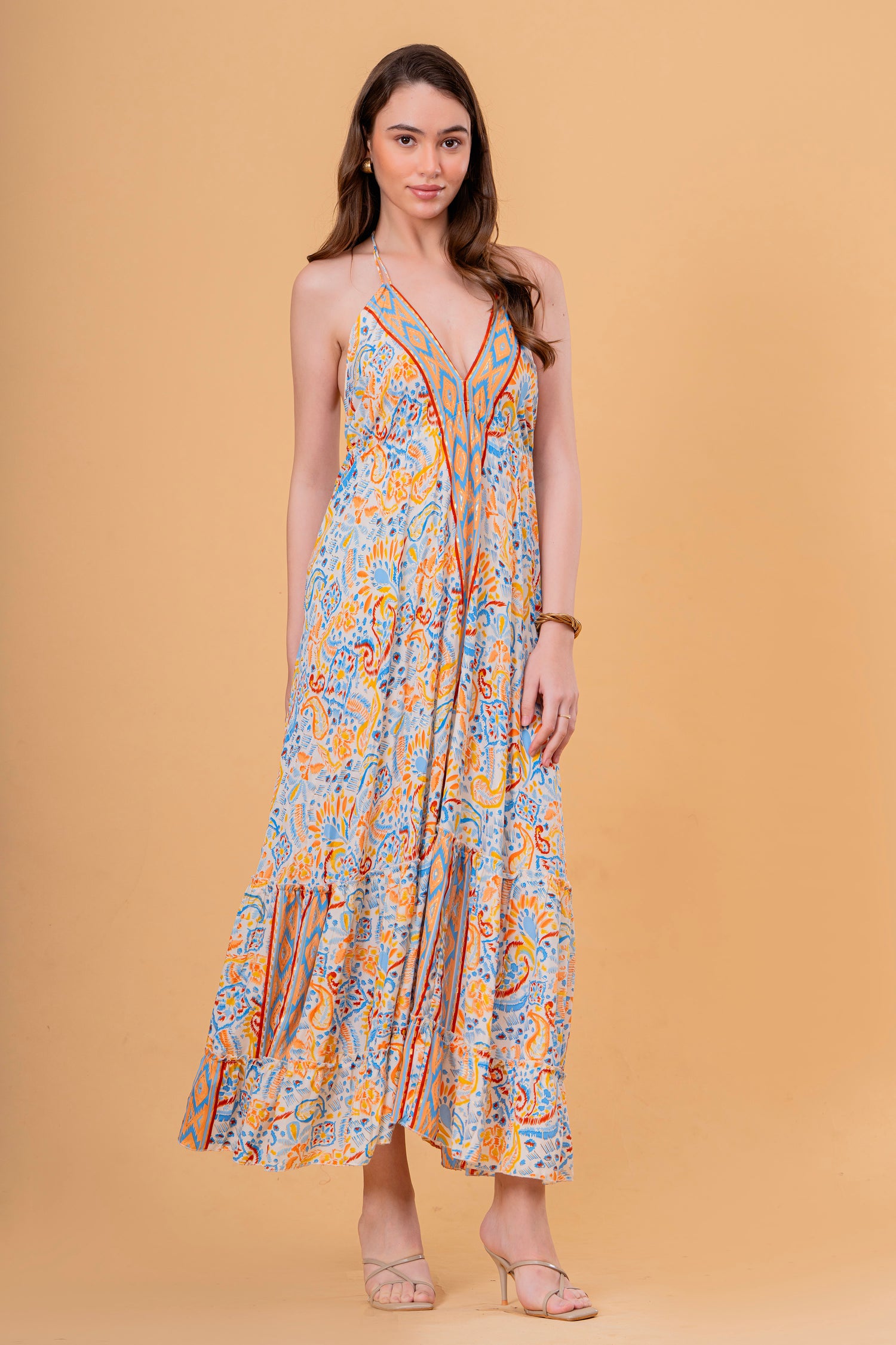 Vestido Maxi de Tirantes con Estampado Étnico y Volante