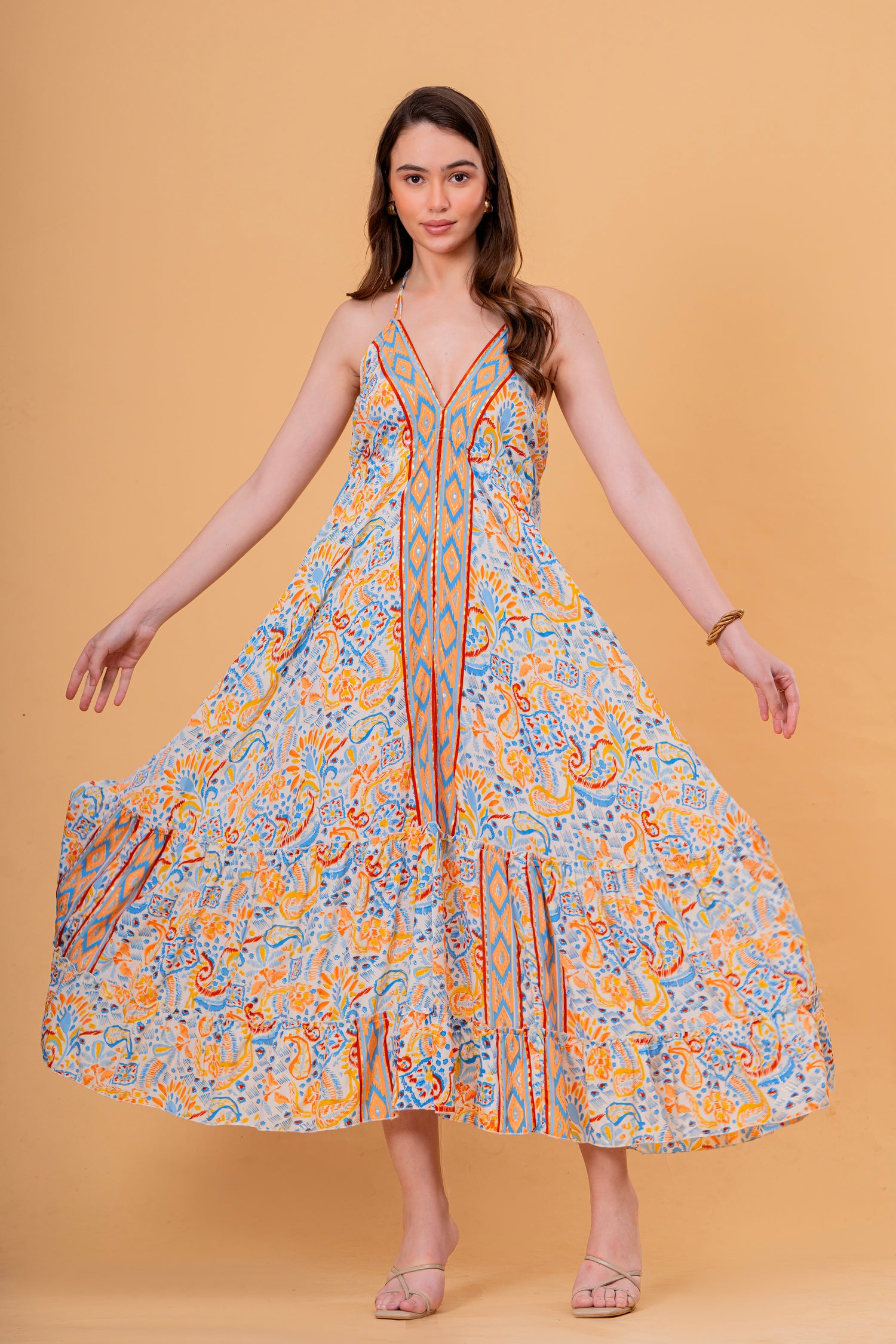 Vestido Maxi de Tirantes con Estampado Étnico y Volante