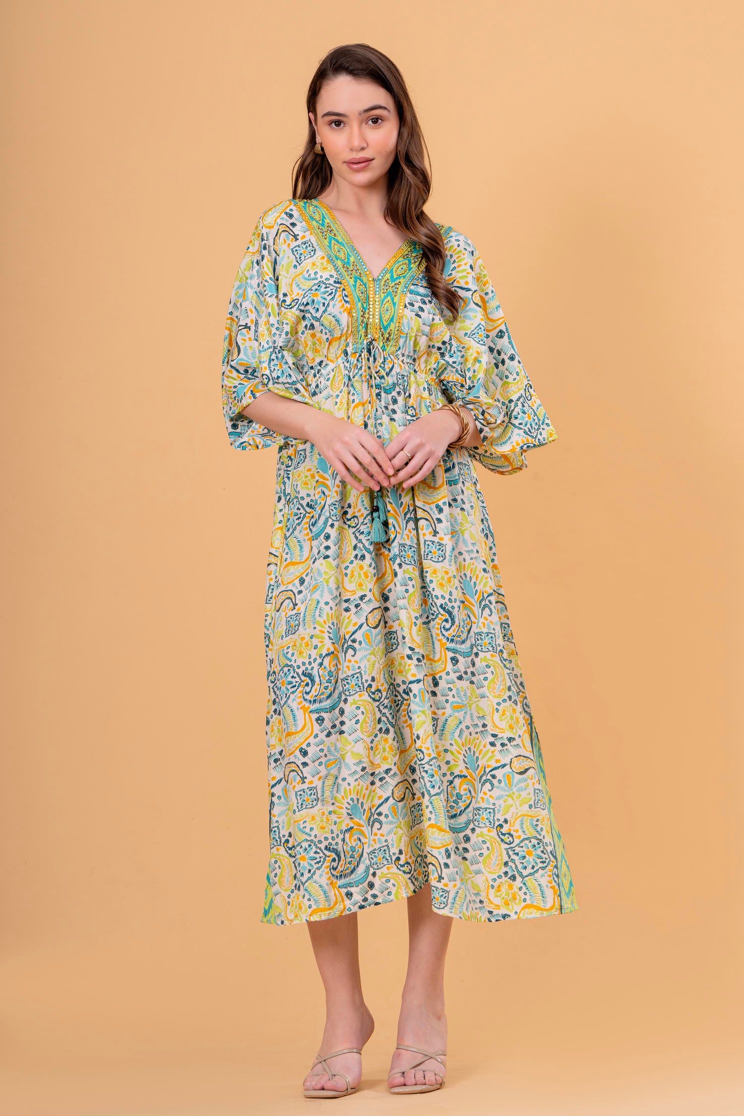 Vestido Túnica Estampado Cachemira con Cintura Fruncida