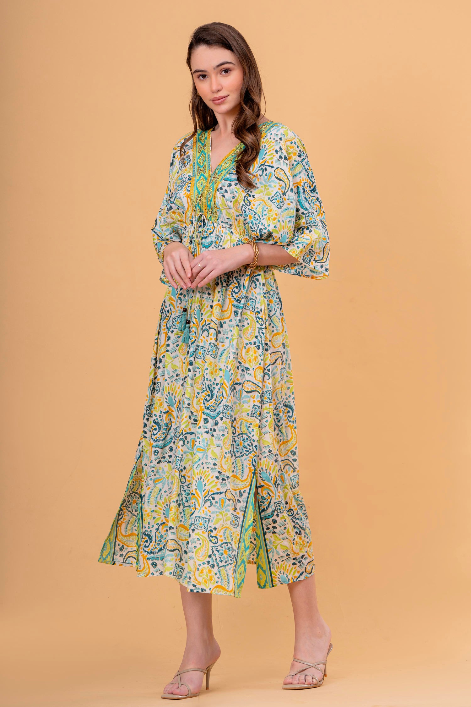 Vestido Túnica Estampado Cachemira con Cintura Fruncida