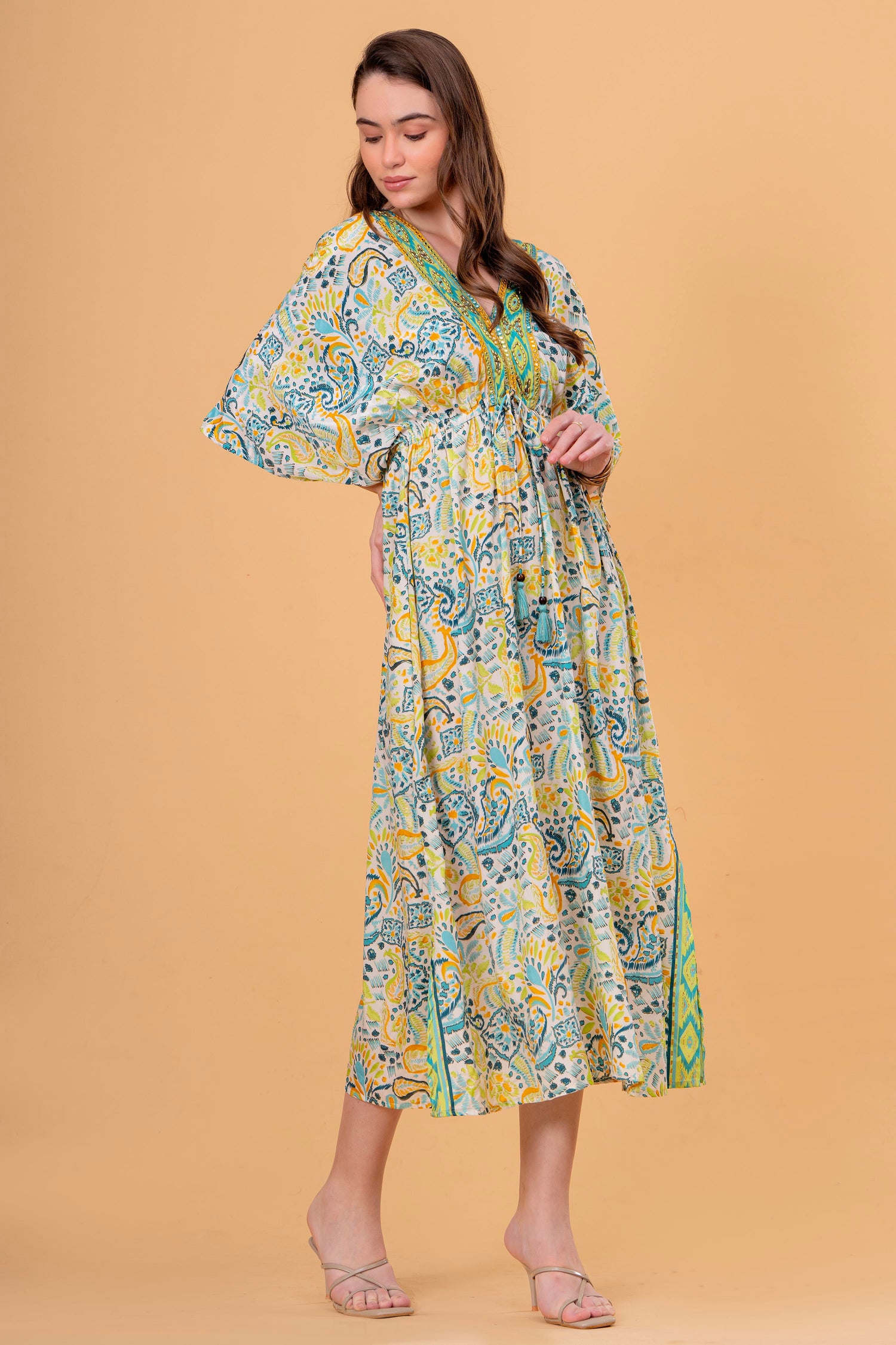 Vestido Túnica Estampado Cachemira con Cintura Fruncida