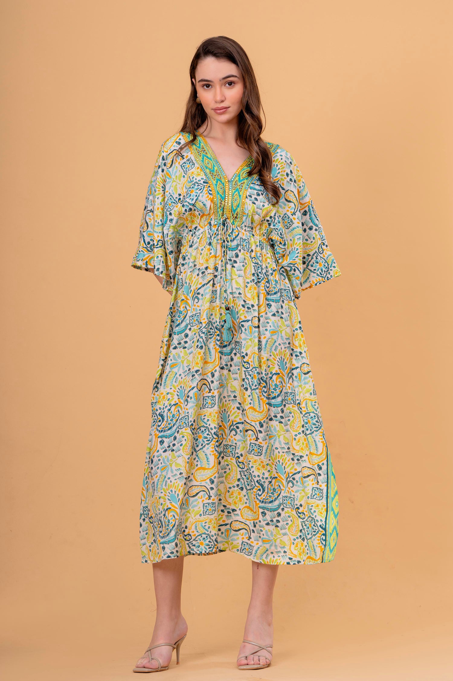 Vestido Túnica Estampado Cachemira con Cintura Fruncida