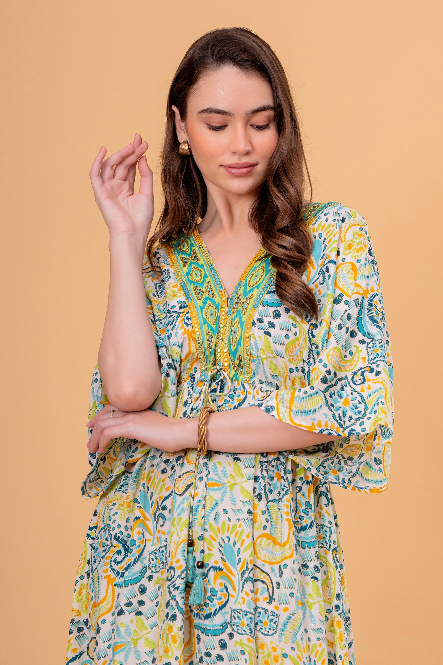 Vestido Túnica Estampado Cachemira con Cintura Fruncida