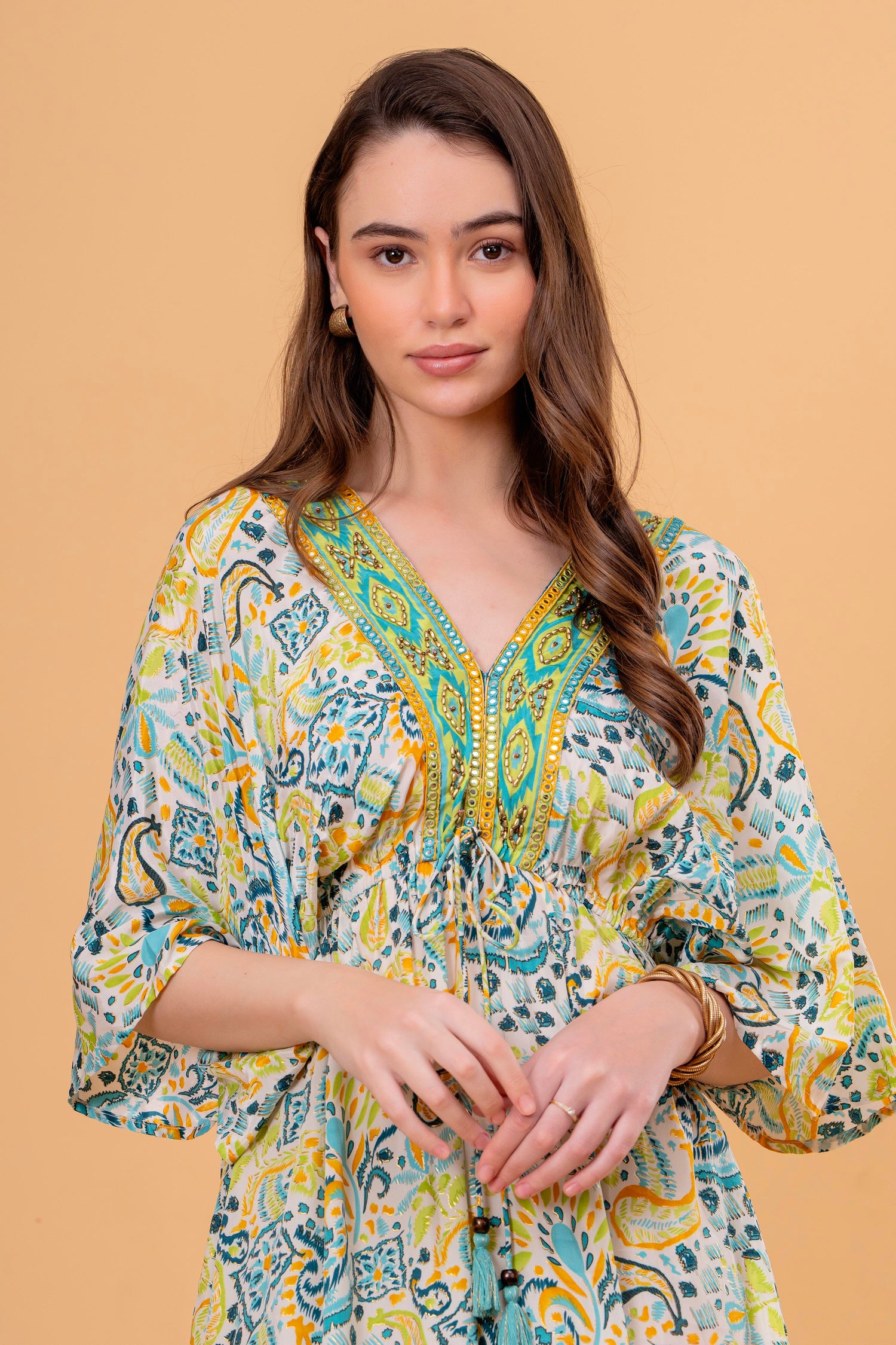 Vestido Túnica Estampado Cachemira con Cintura Fruncida