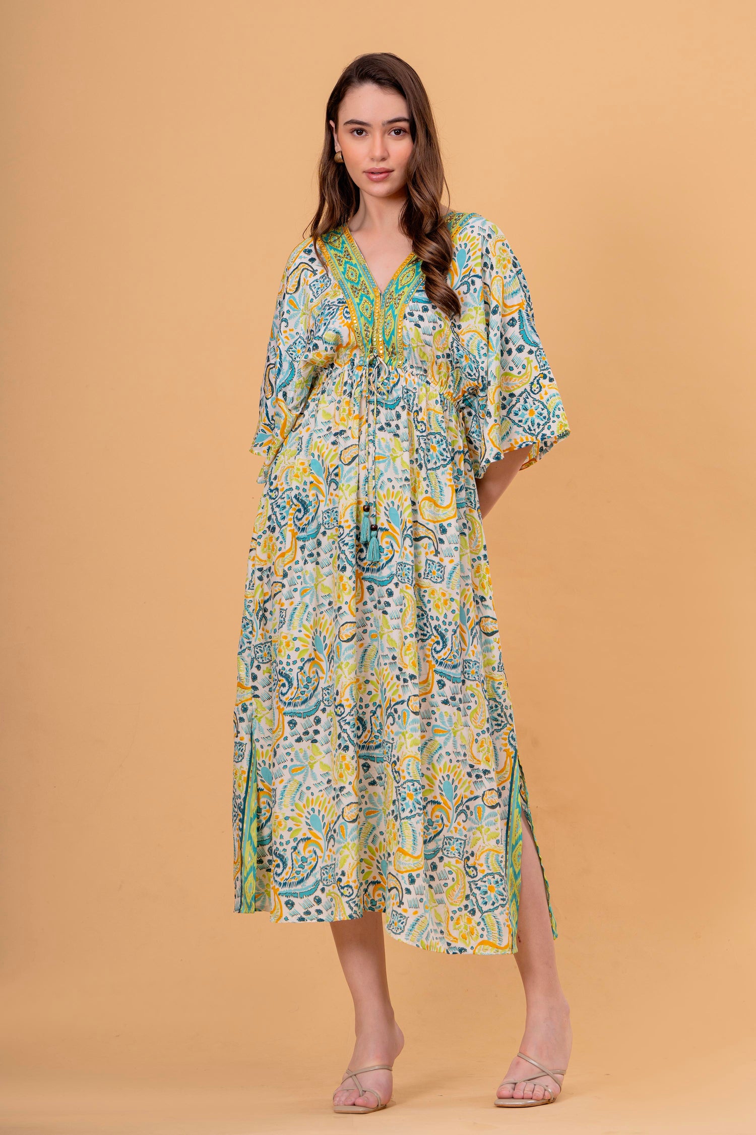 Vestido Túnica Estampado Cachemira con Cintura Fruncida