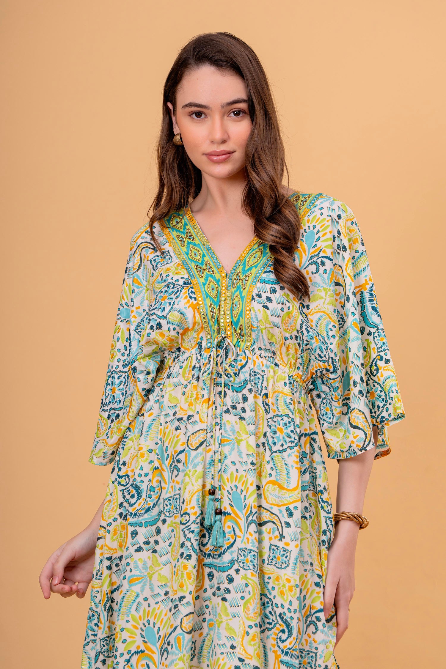 Vestido Túnica Estampado Cachemira con Cintura Fruncida