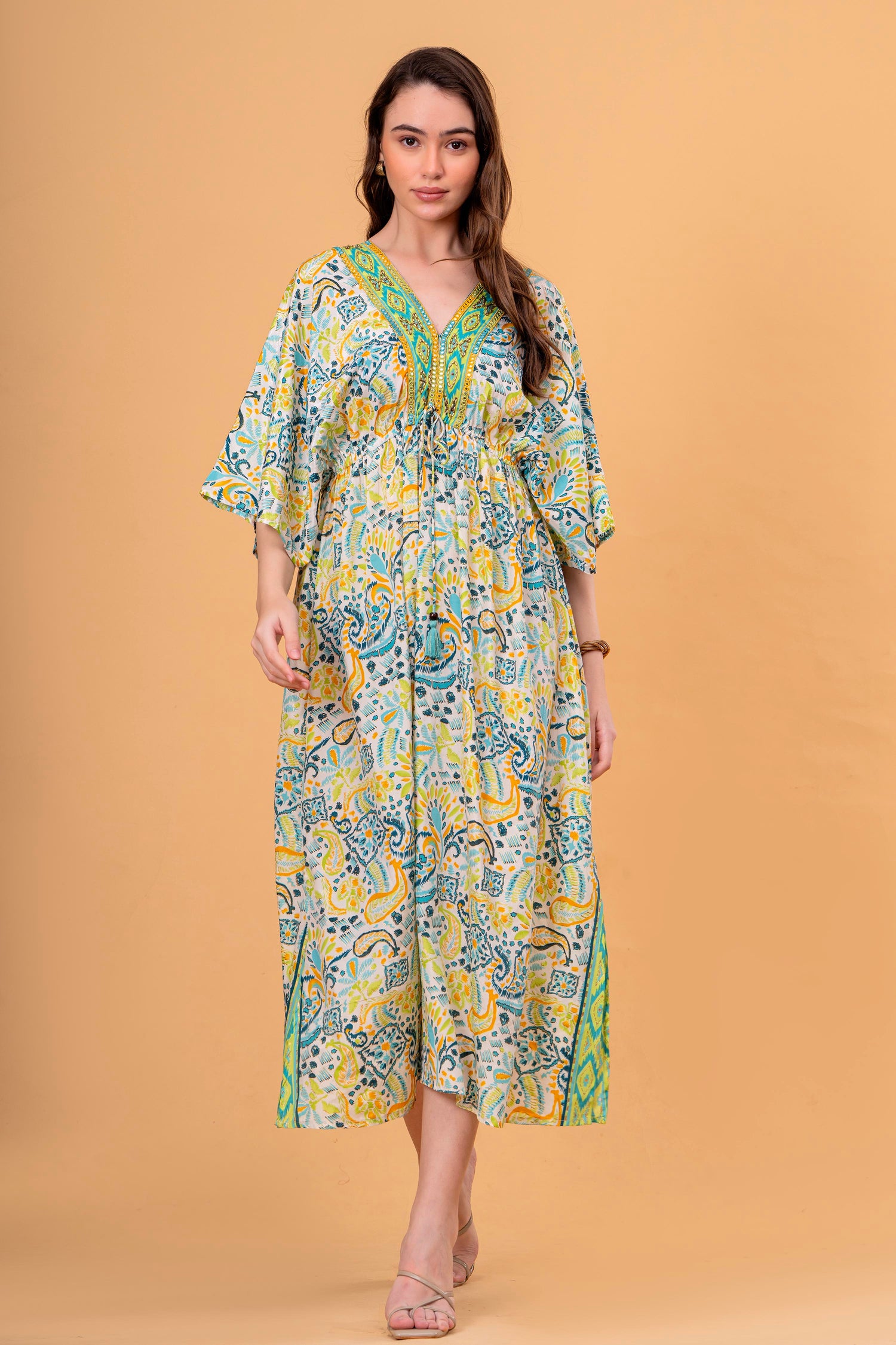 Vestido Túnica Estampado Cachemira con Cintura Fruncida