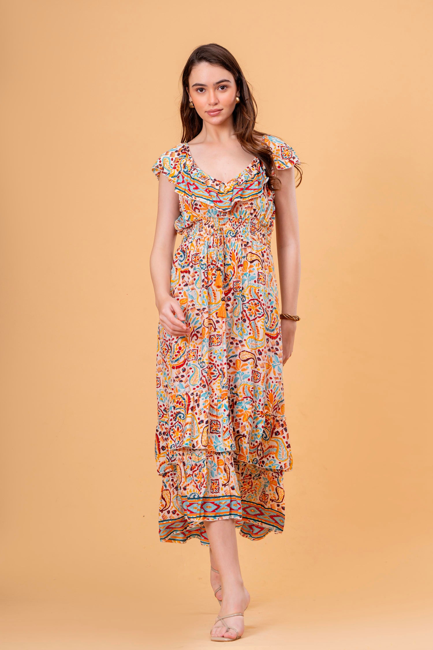 Vestido Midi con Volantes y Cintura Elástica Estampado Étnico