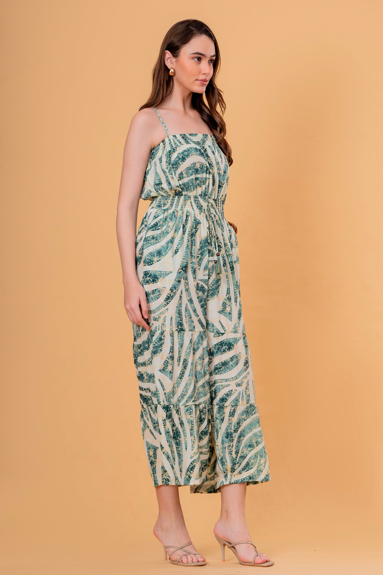 Enterizo Largo Fruncido con Estampado Botánico y Pernera Ancha