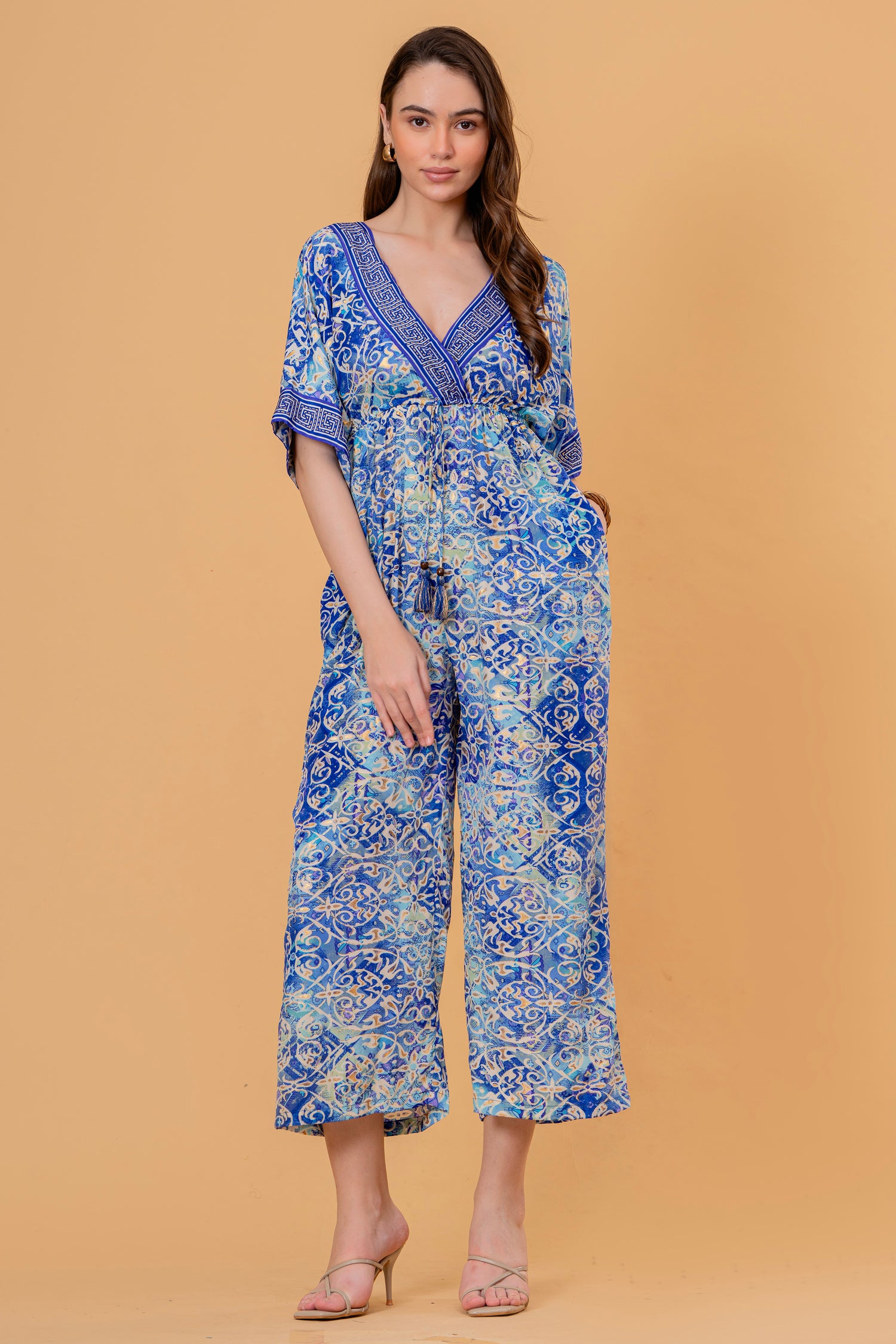 Mono Jumpsuit Manga Kimono Estampado Azulejo Azul
