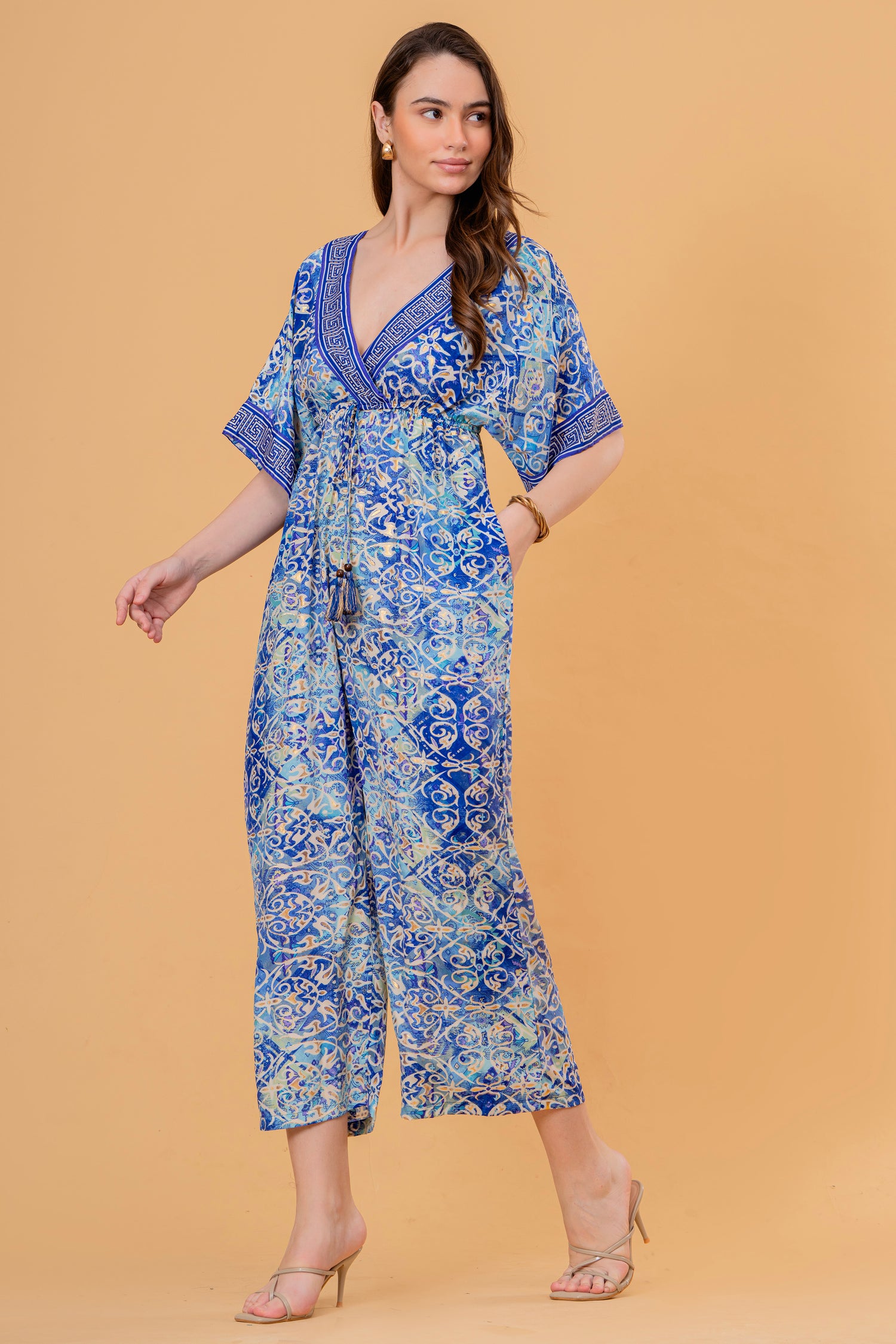 Mono Jumpsuit Manga Kimono Estampado Azulejo Azul