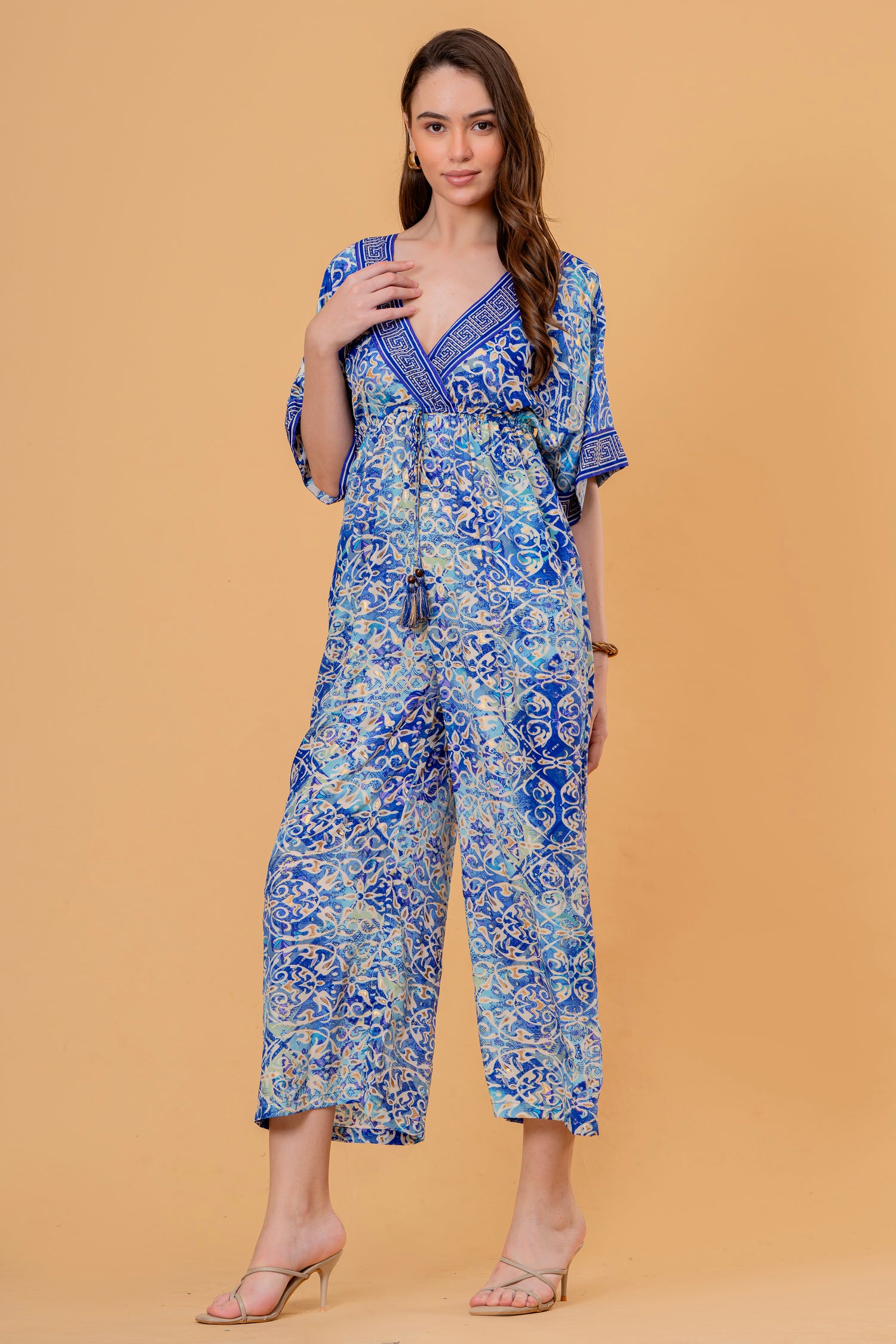 Mono Jumpsuit Manga Kimono Estampado Azulejo Azul