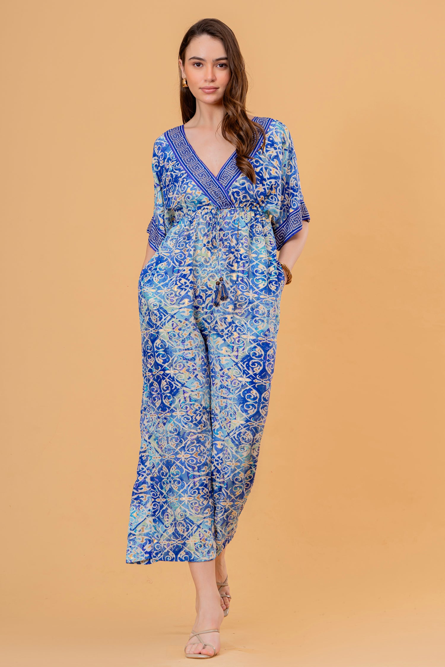 Mono Jumpsuit Manga Kimono Estampado Azulejo Azul