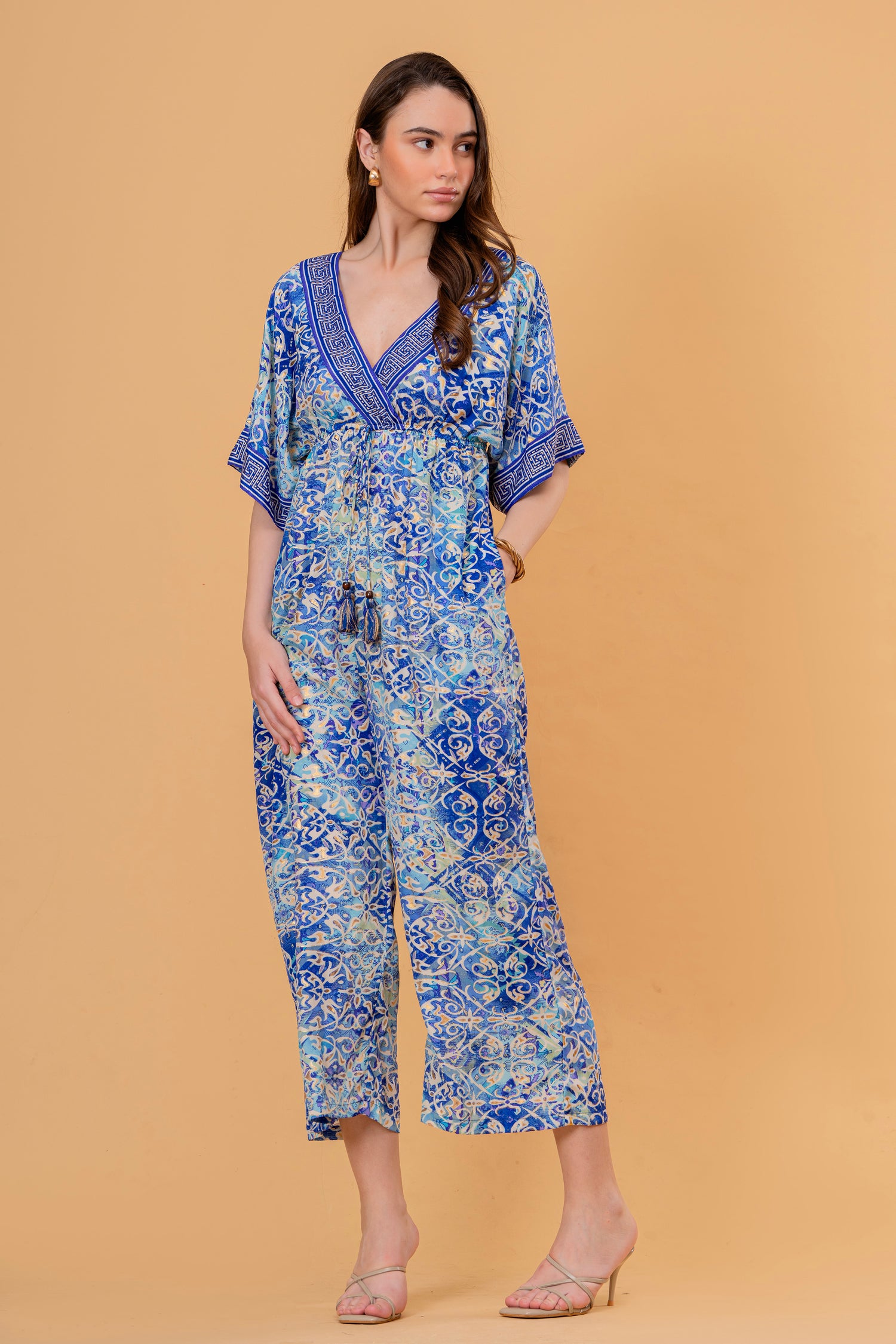 Mono Jumpsuit Manga Kimono Estampado Azulejo Azul