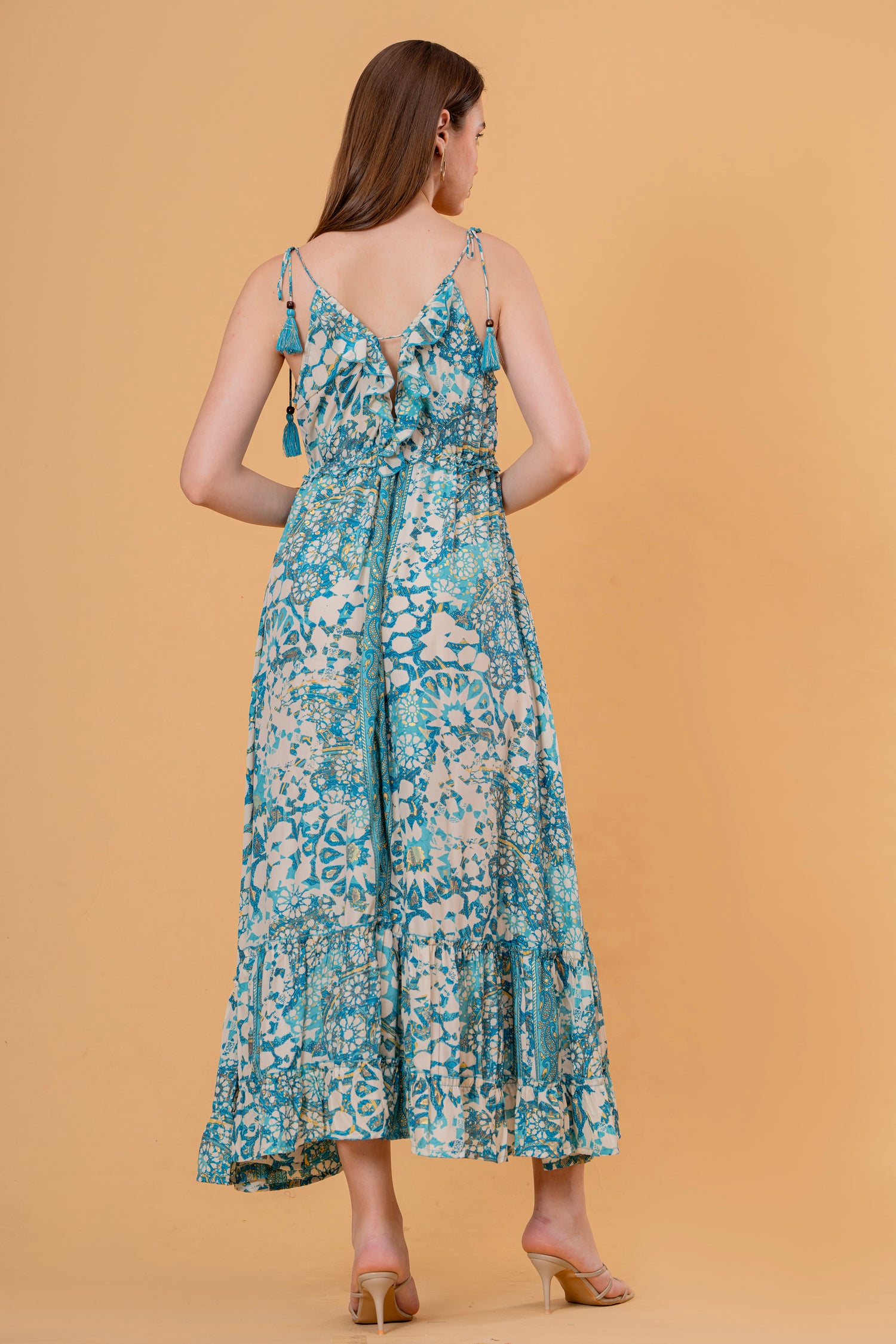 Vestido Midi Manga 3/4 Estampado Étnico Naranja y Azul