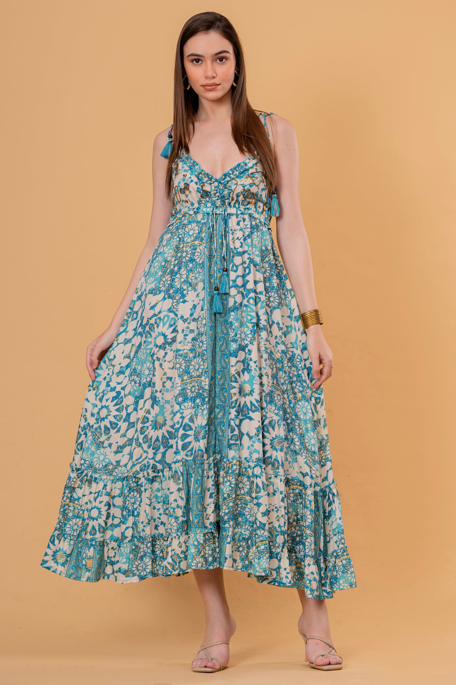 Vestido Midi Manga 3/4 Estampado Étnico Naranja y Azul