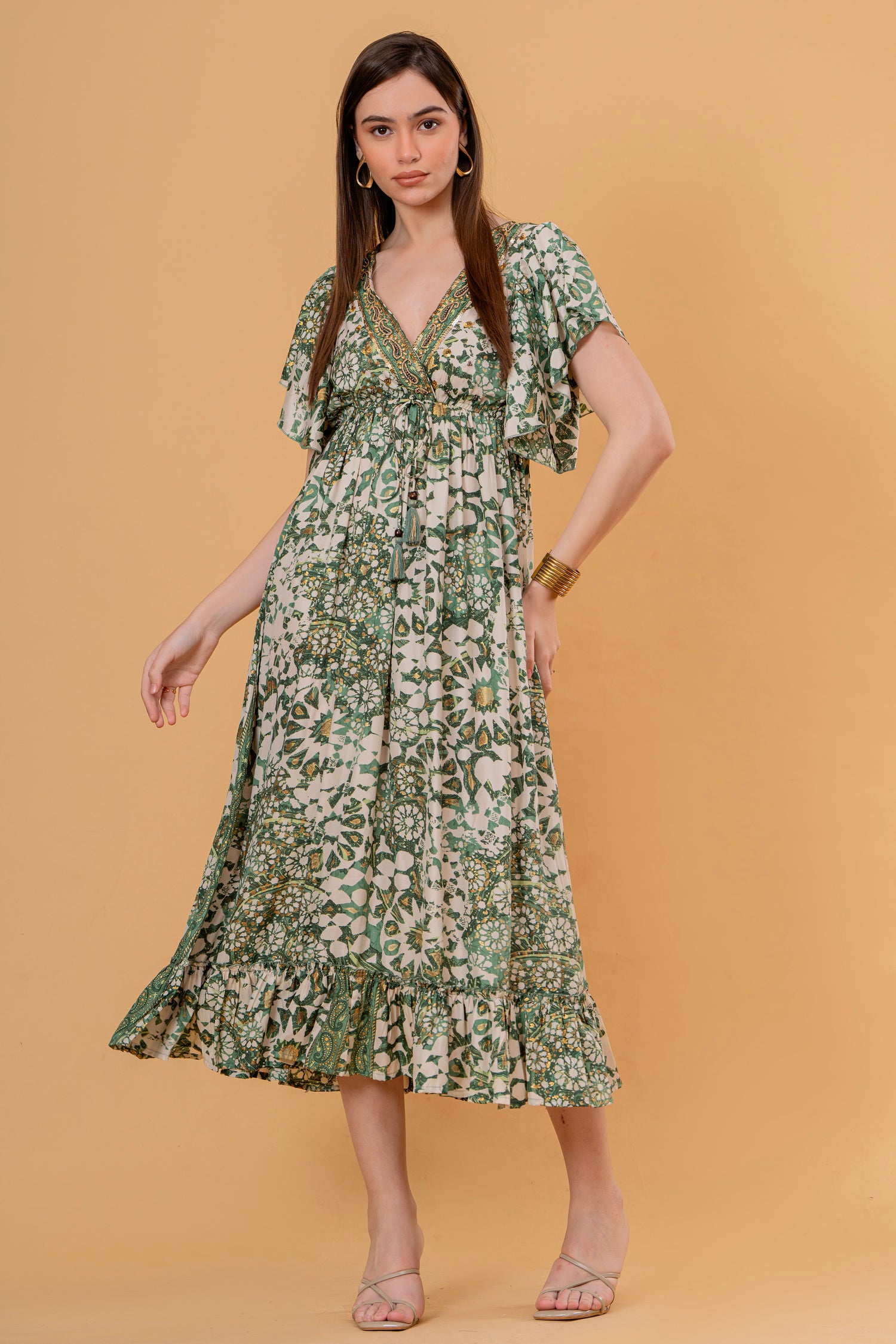 Vestido Midi con Volantes Estampado Floral Verde