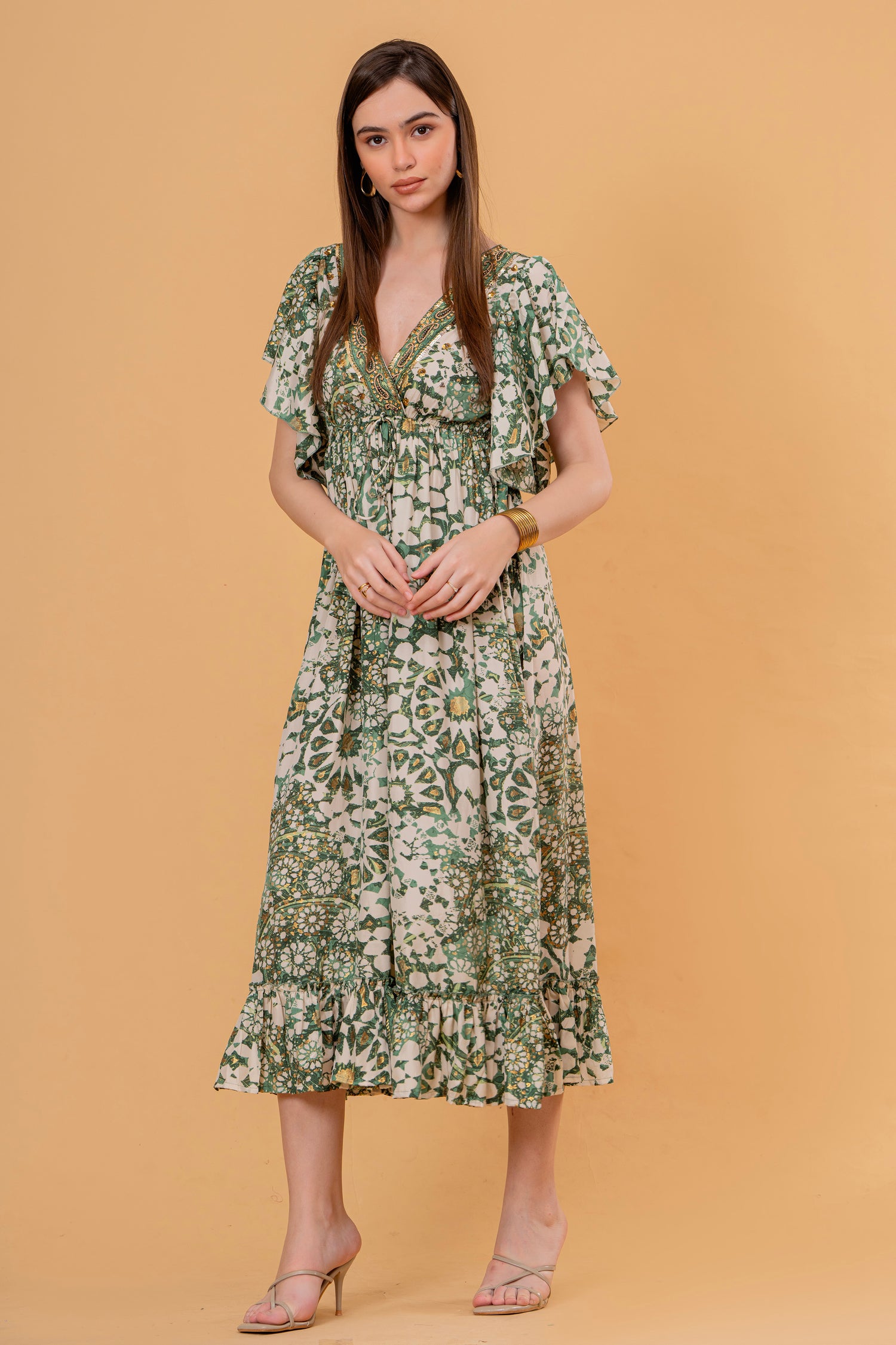 Vestido Midi con Volantes Estampado Floral Verde
