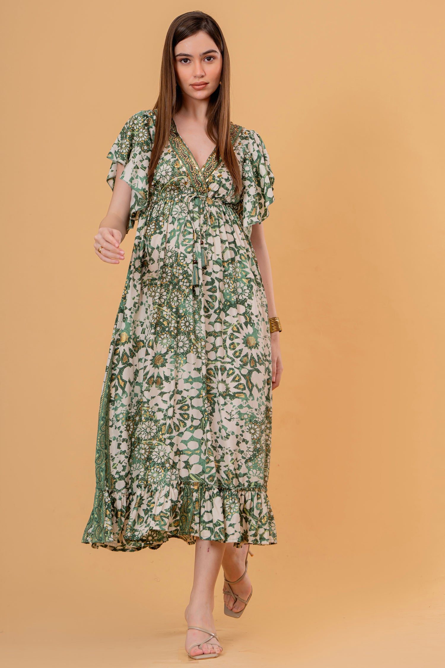 Vestido Midi con Volantes Estampado Floral Verde