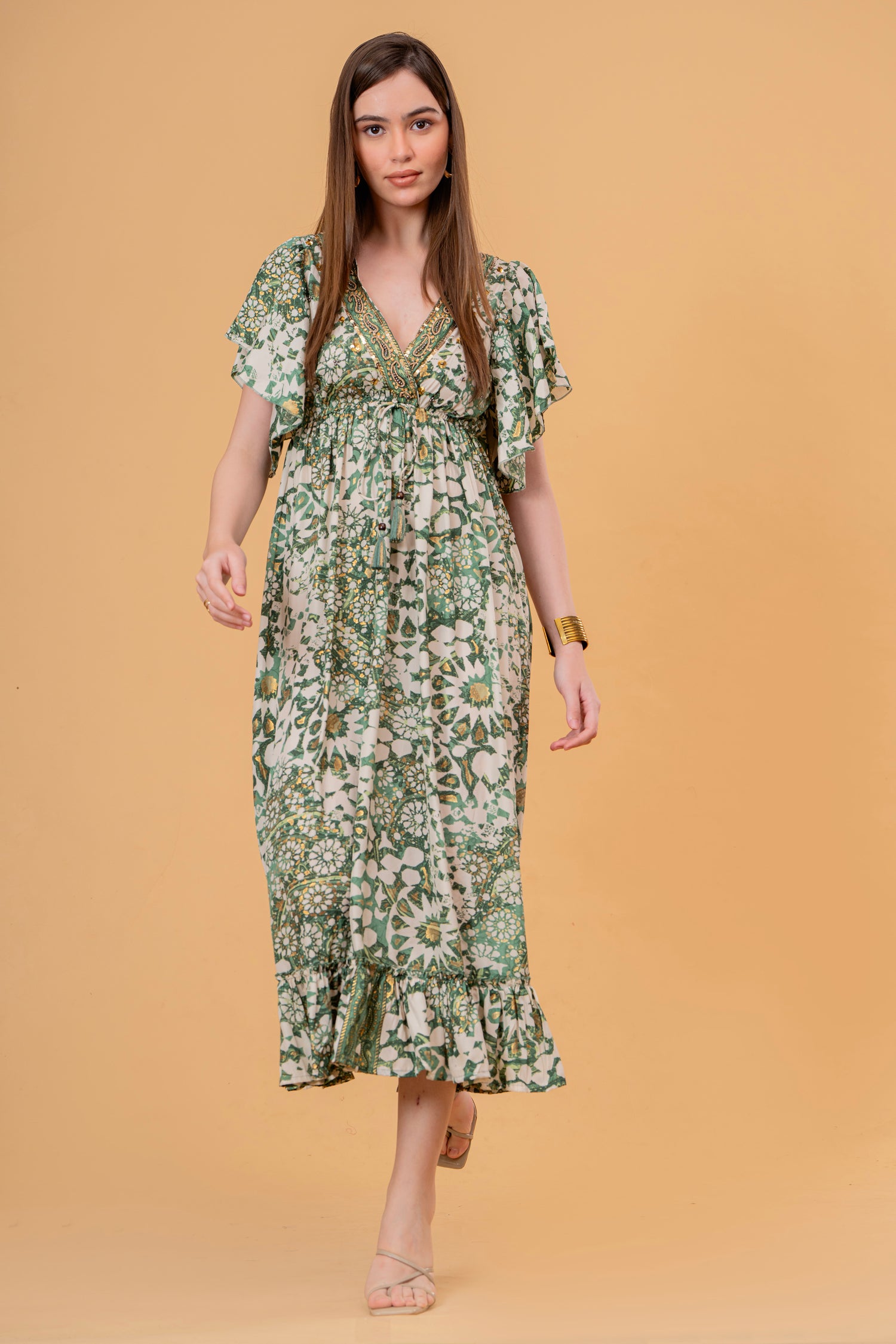 Vestido Midi con Volantes Estampado Floral Verde