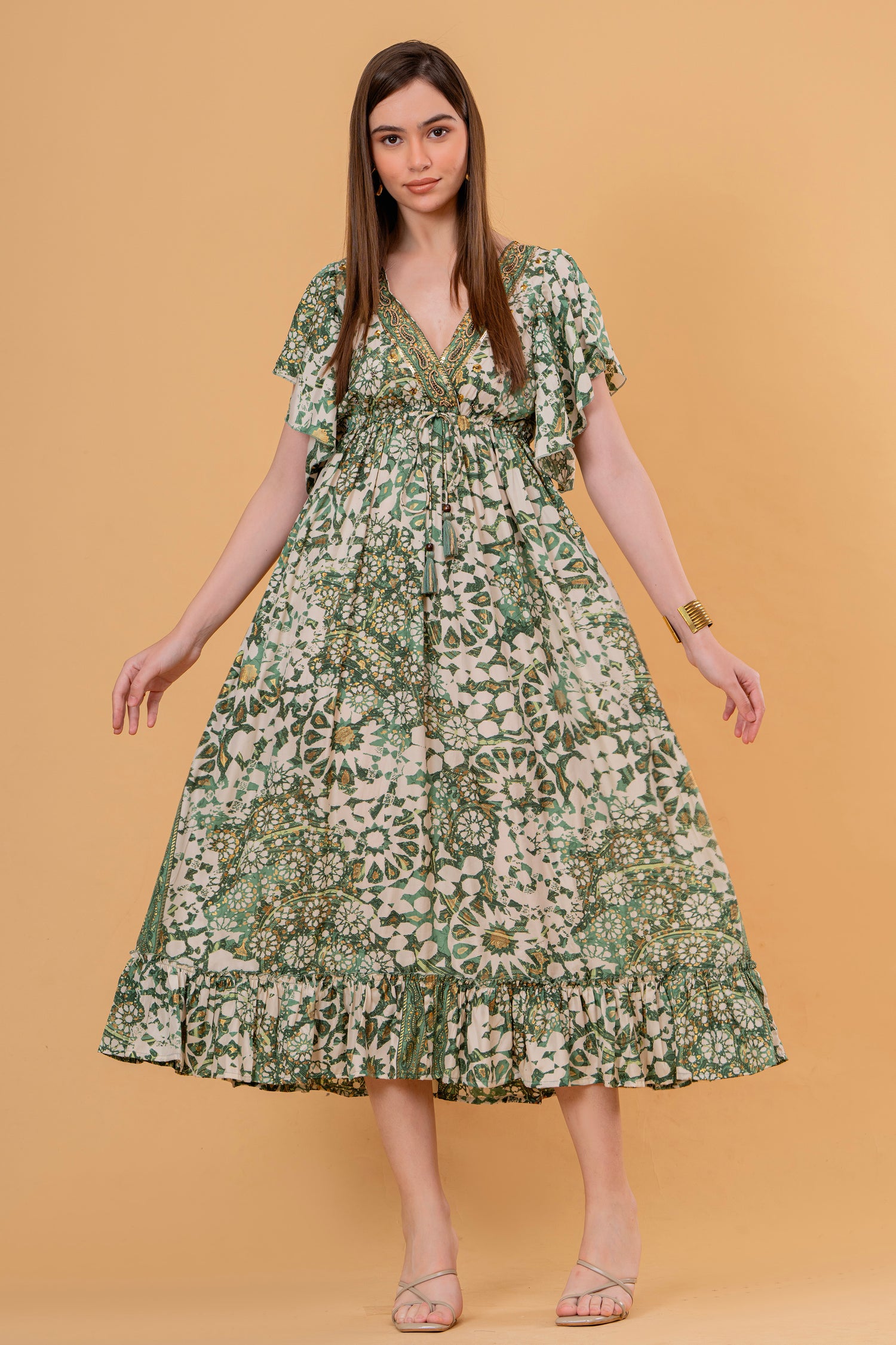Vestido Midi con Volantes Estampado Floral Verde