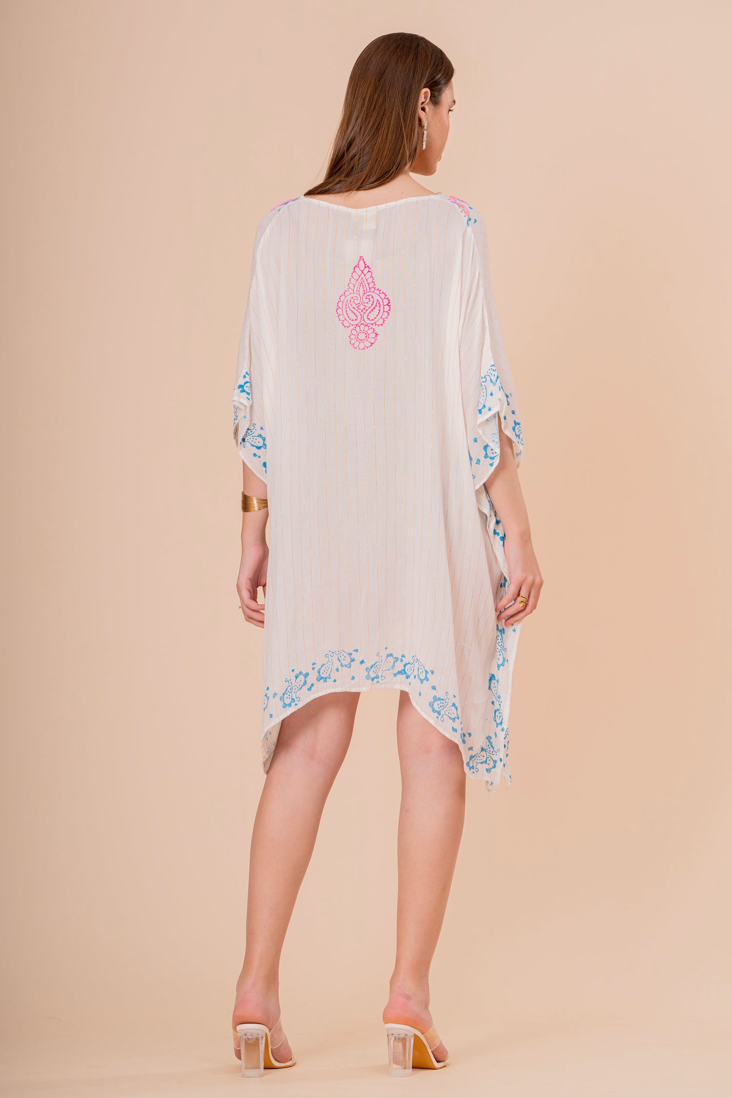 Vestido Maxi Strapless Fruncido Estampado Hoja Palma Azul