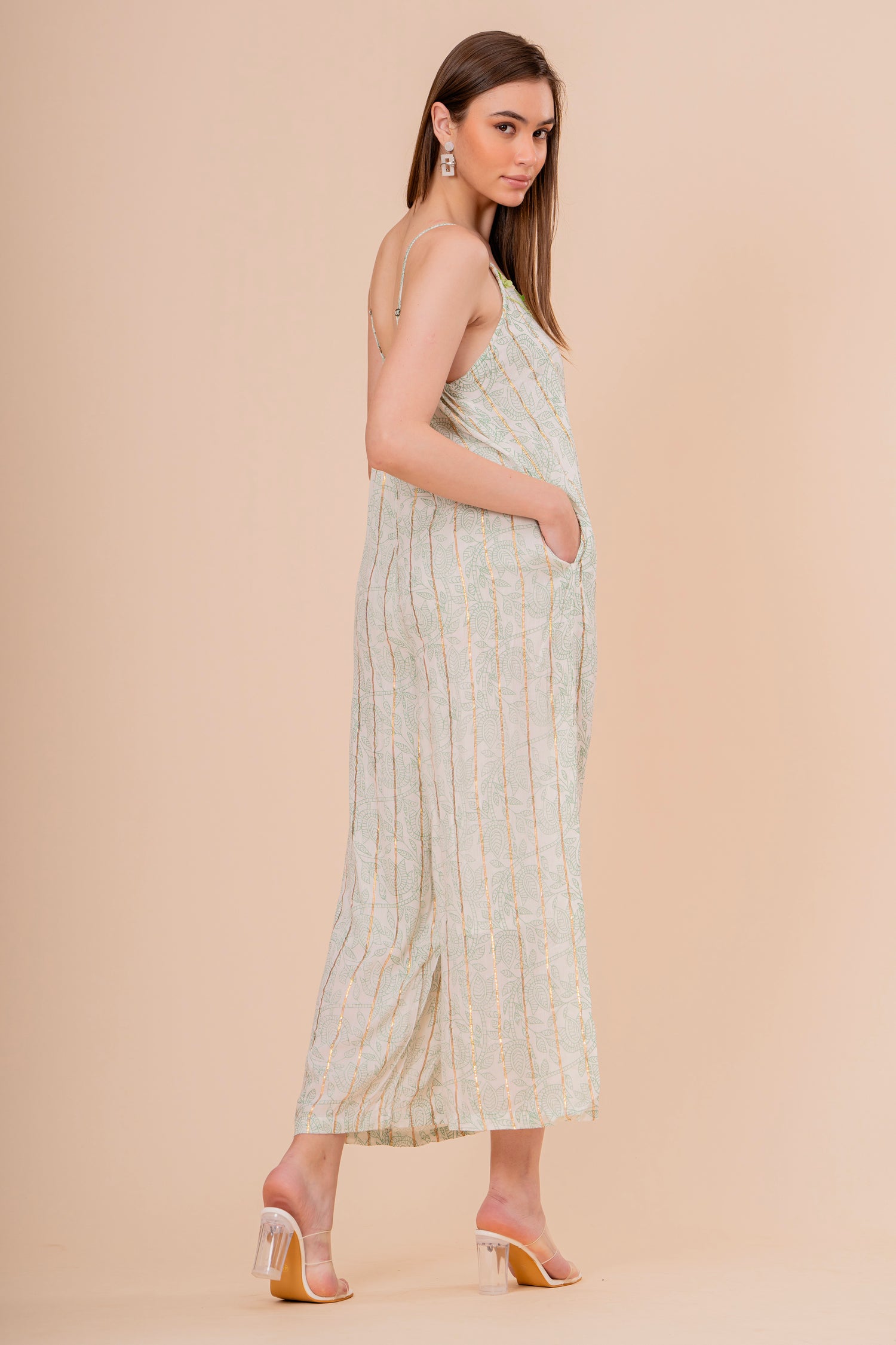 Mono Jumpsuit Tirantes Blanco con Bordado Verde Neón