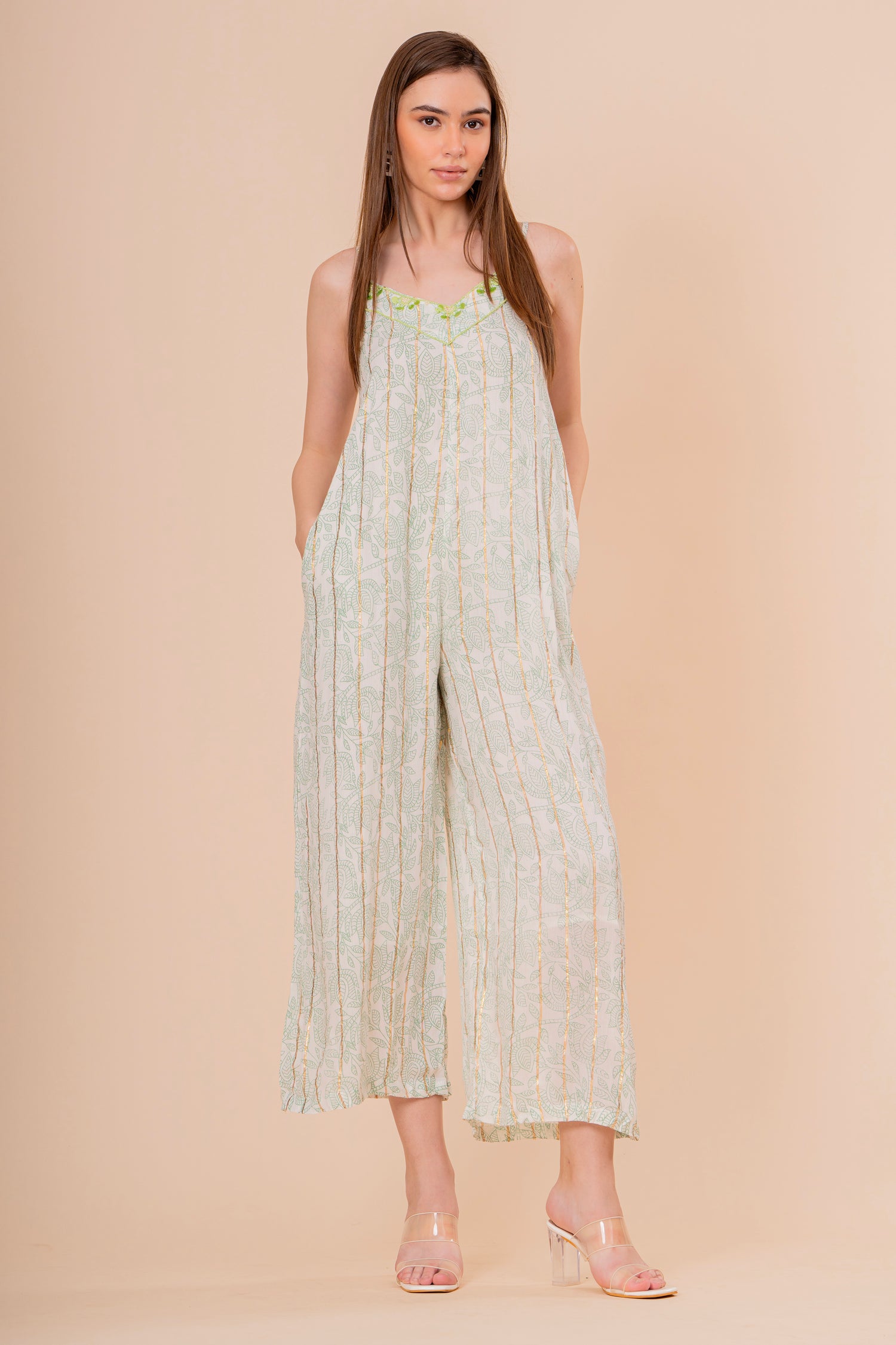 Mono Jumpsuit Tirantes Blanco con Bordado Verde Neón