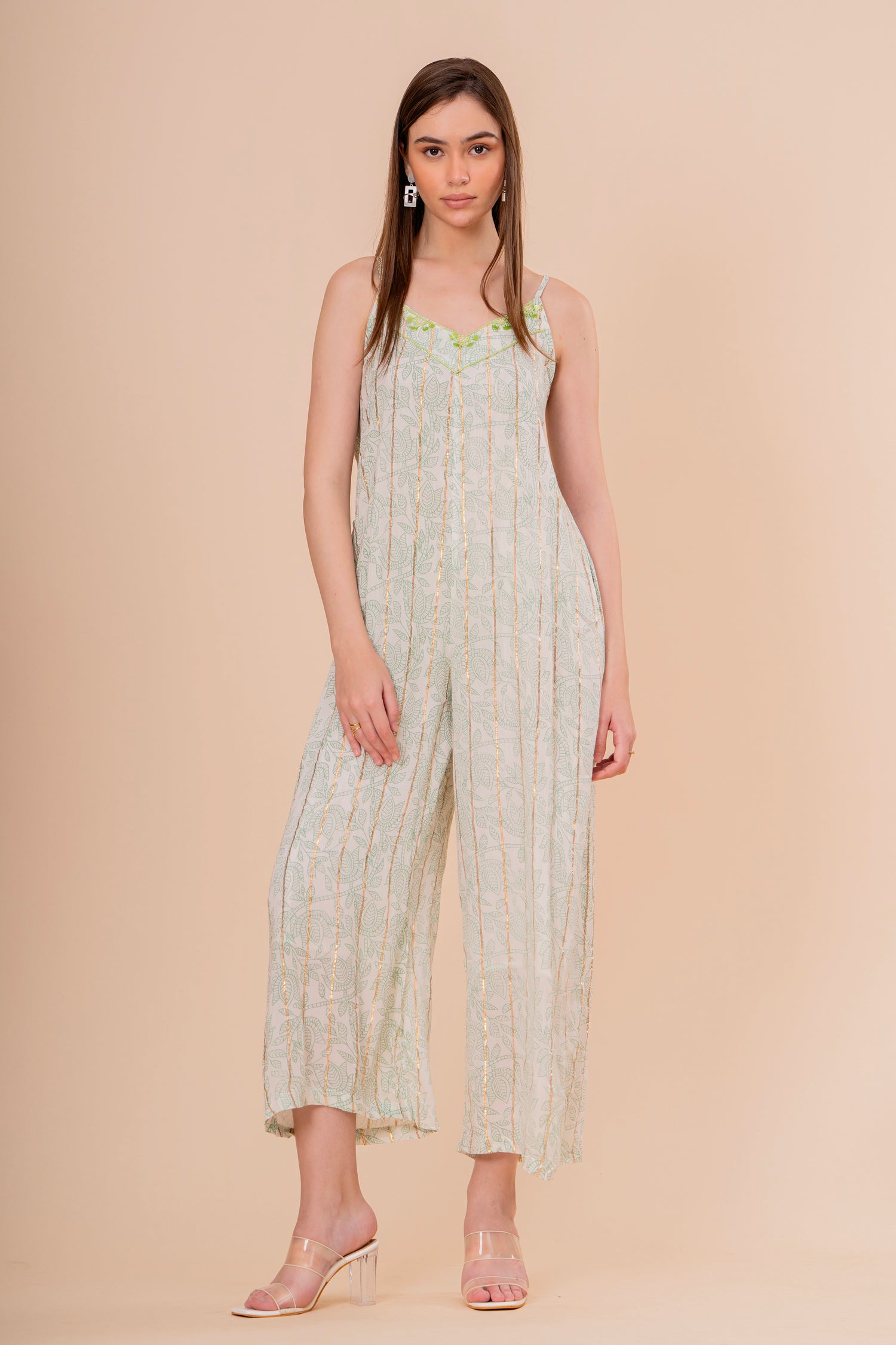 Mono Jumpsuit Tirantes Blanco con Bordado Verde Neón